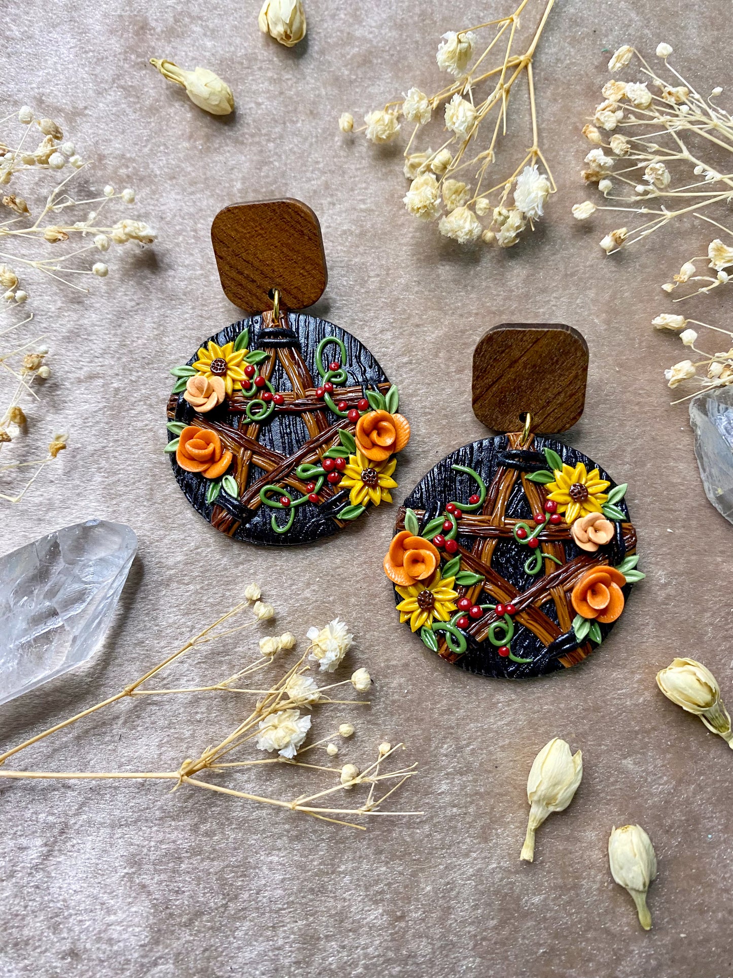 polymer clay floral pentacle dangle earrings