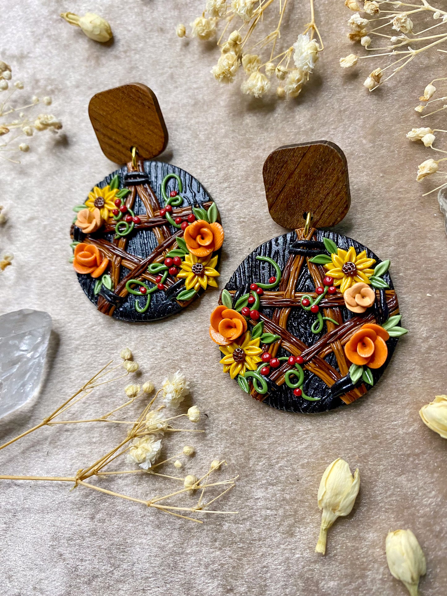 Sunflower and Wildberry Pentacle Earrings