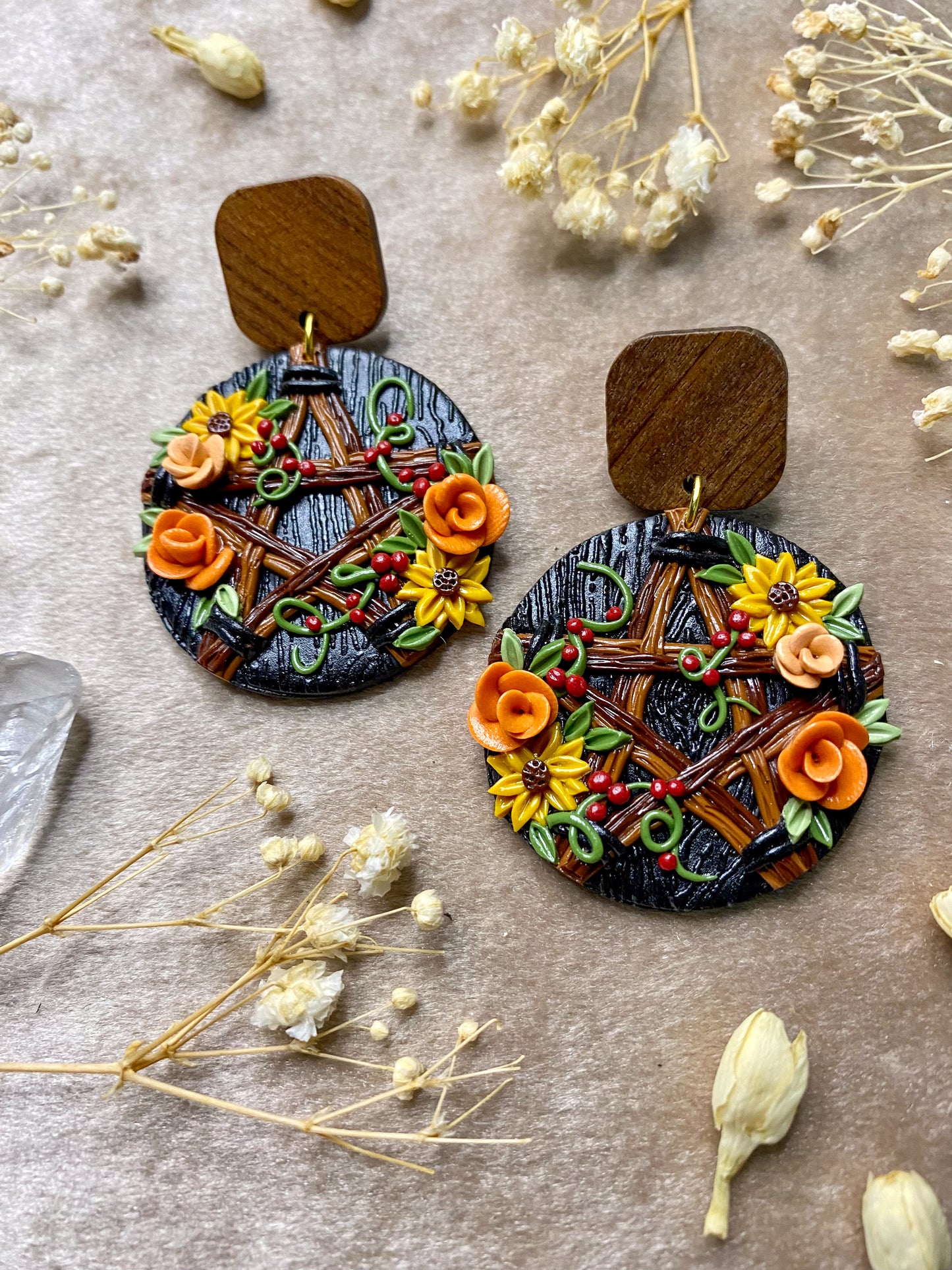 Sunflower and Wildberry Pentacle Earrings