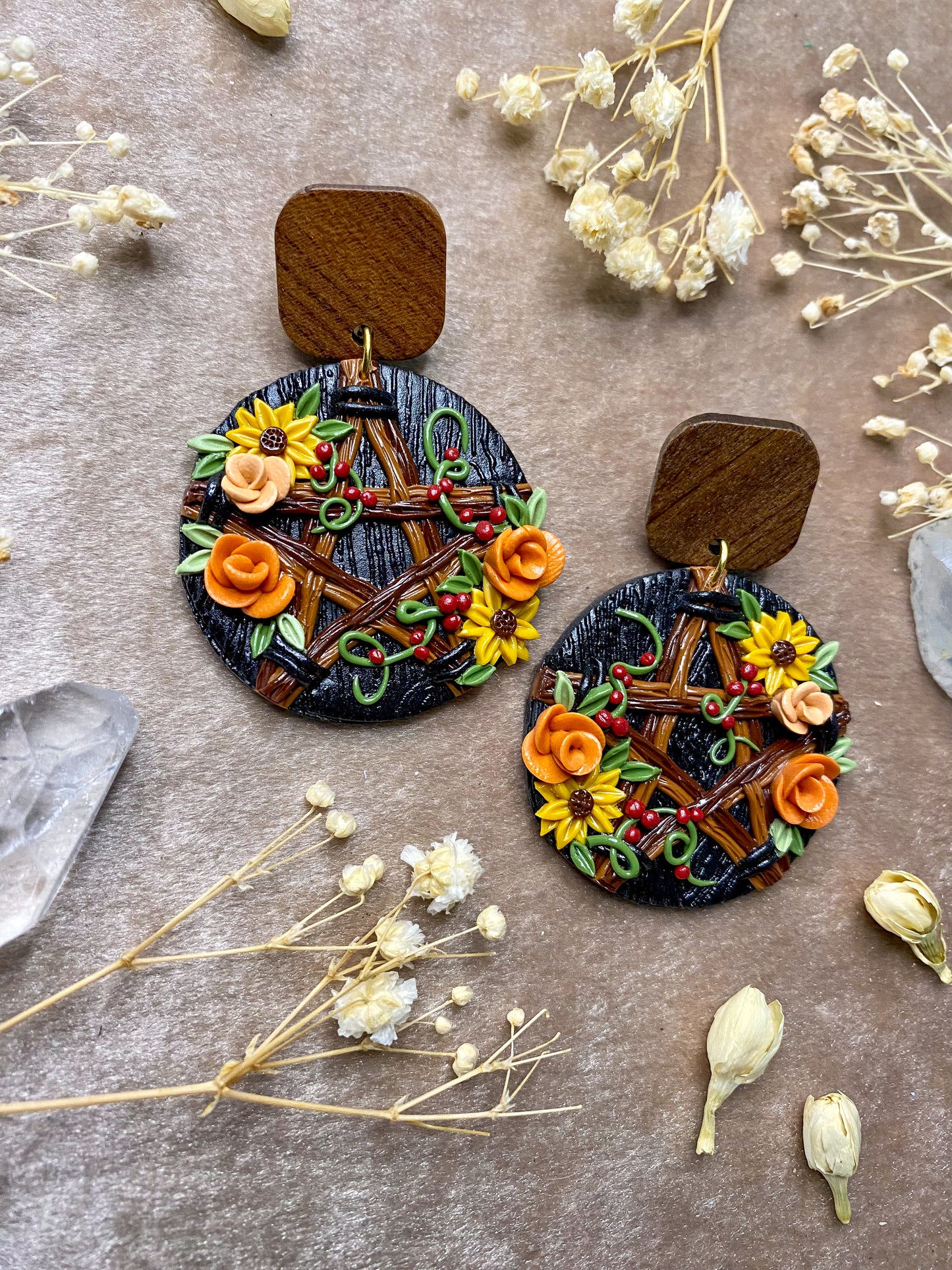 Sunflower and Wildberry Pentacle Earrings