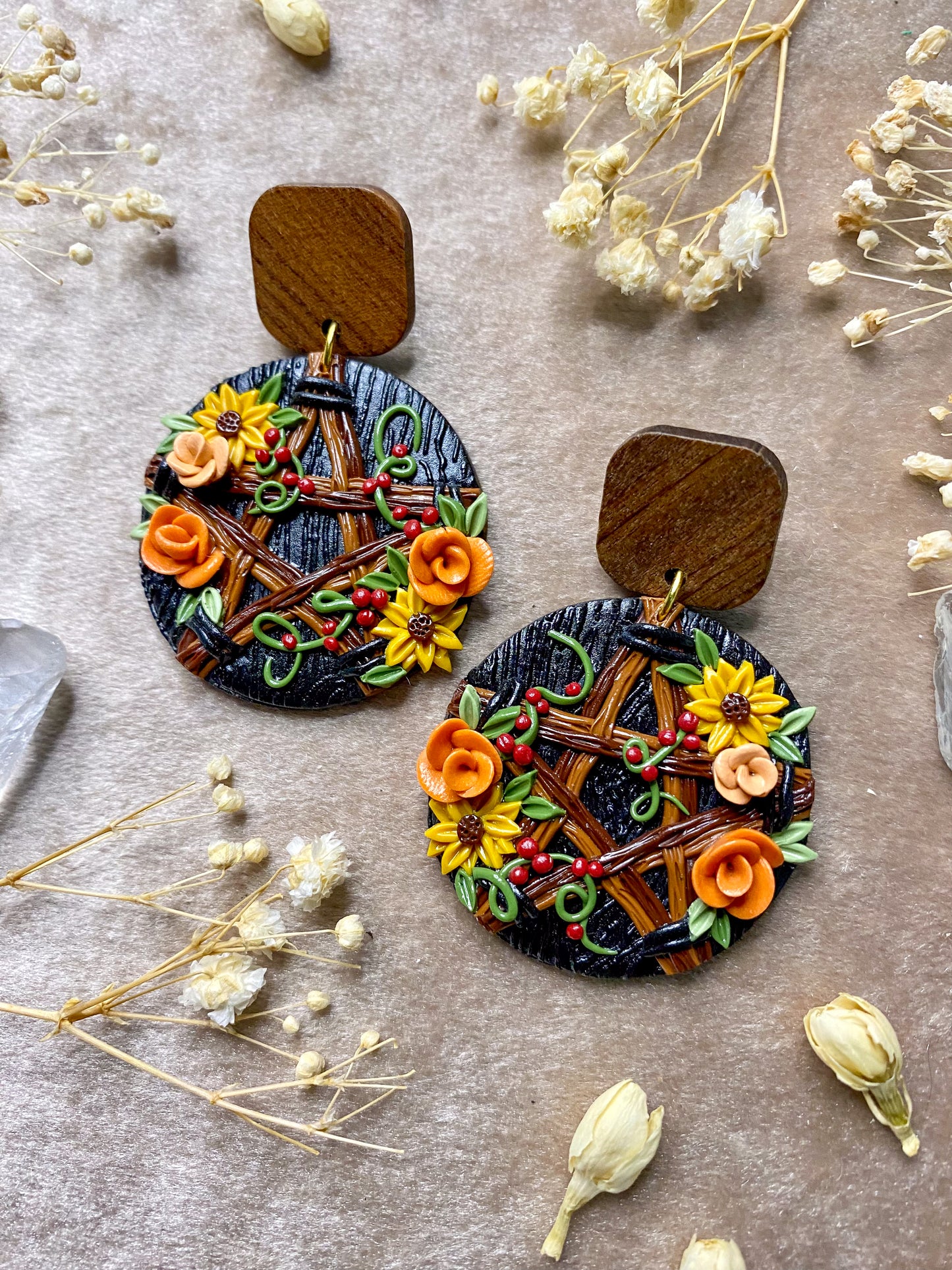 Sunflower and Wildberry Pentacle Earrings