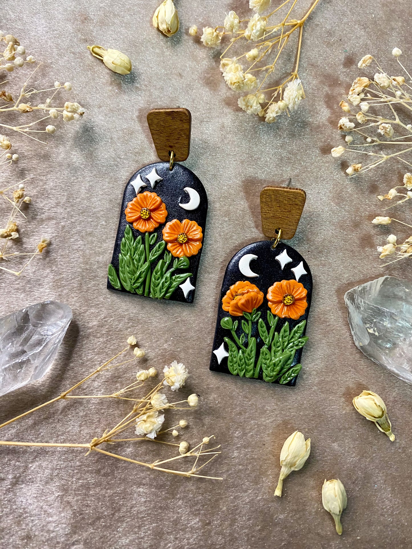 polymer clay poppy flower dangle earrings
