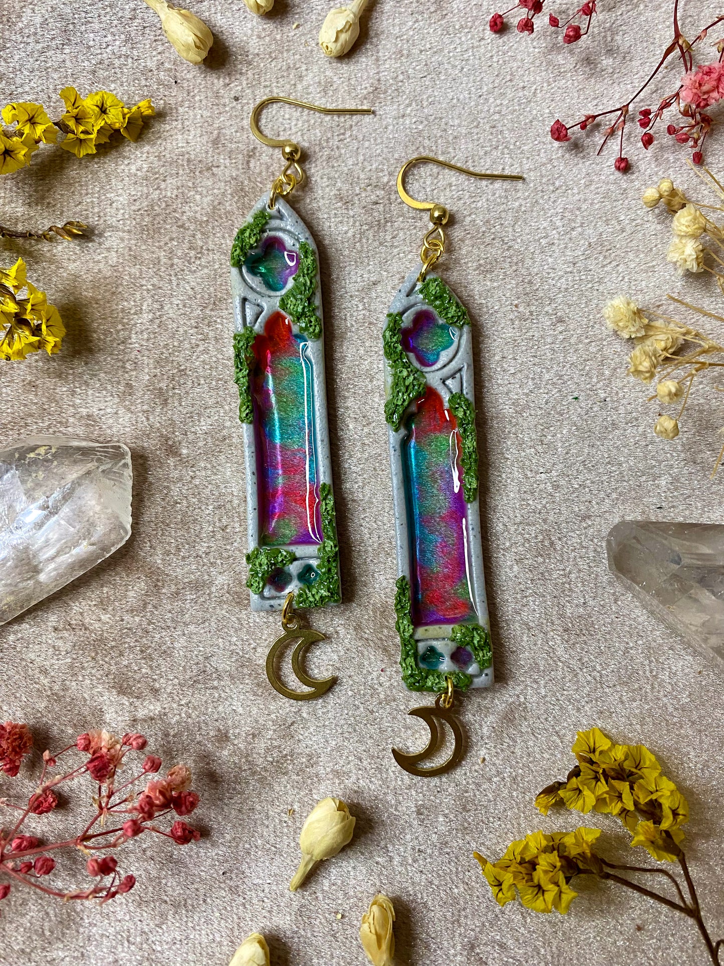Multicolor Glass Slim Gothic Window Earrings