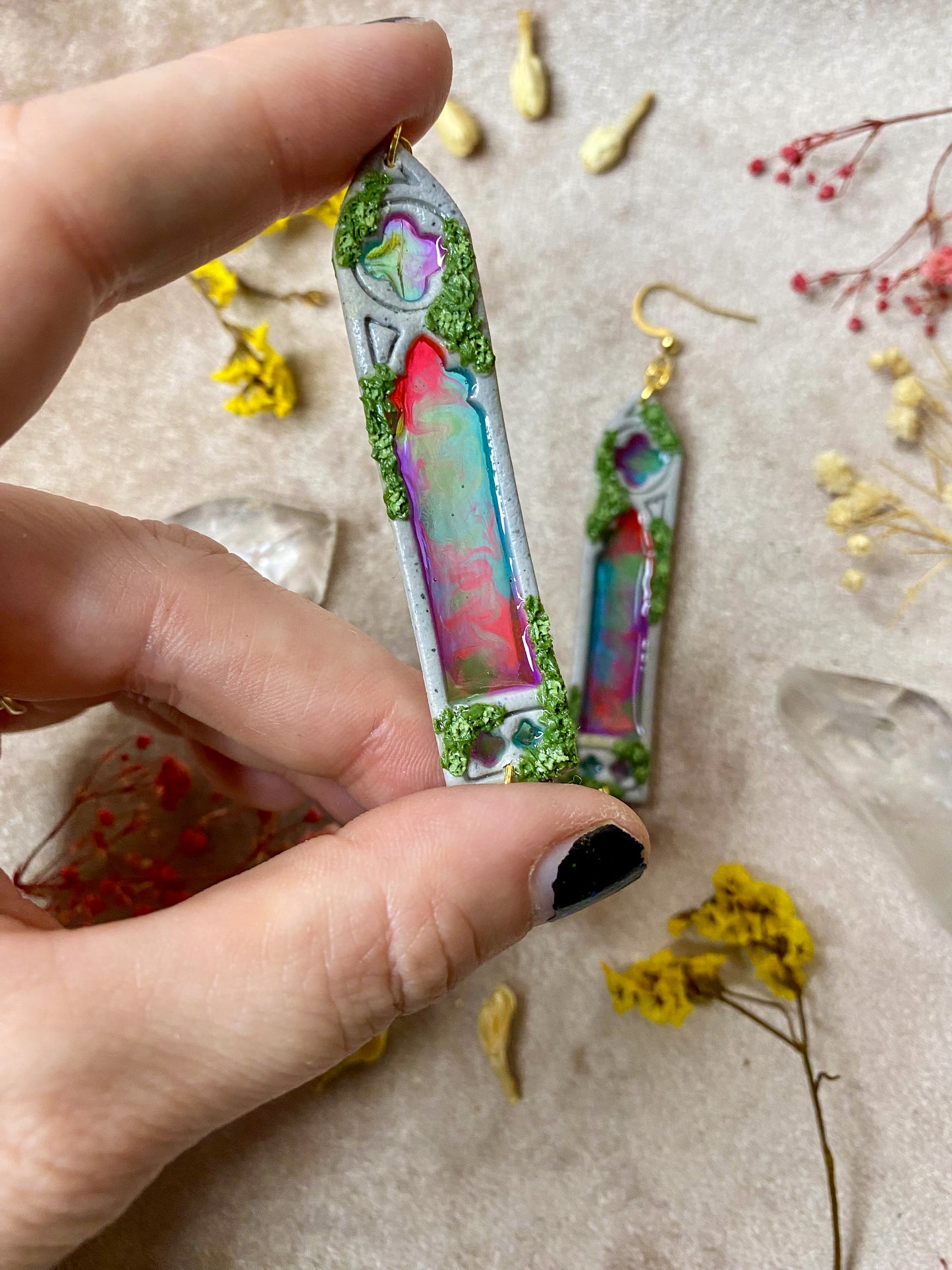 Multicolor Glass Slim Gothic Window Earrings