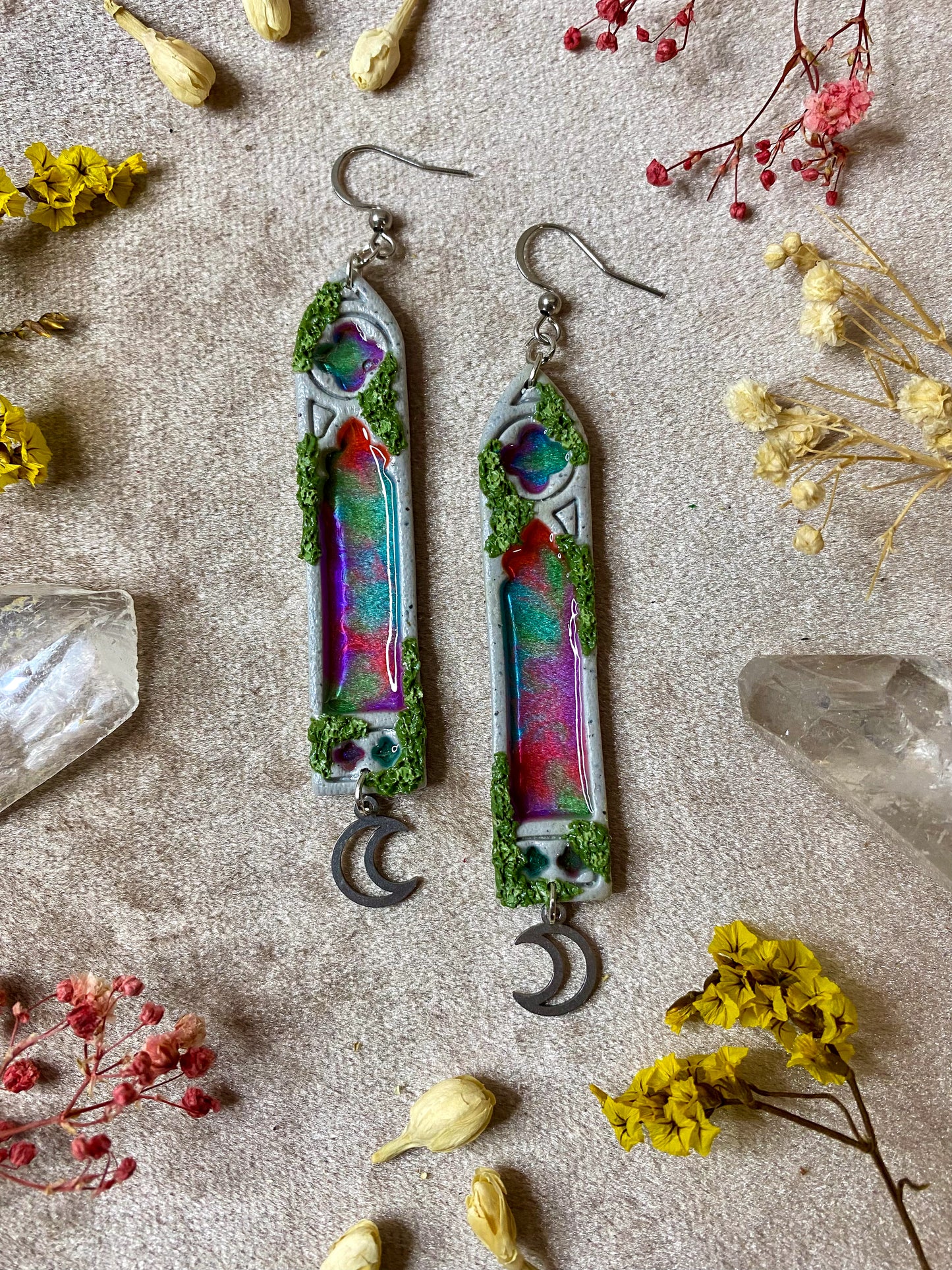 Multicolor Glass Slim Gothic Window Earrings