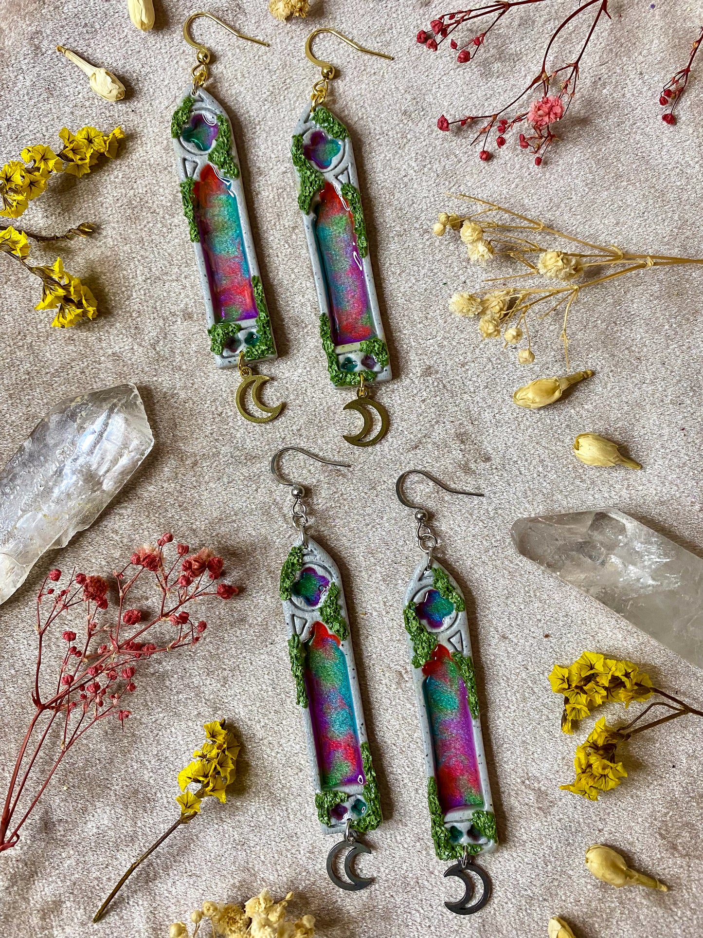 Multicolor Glass Slim Gothic Window Earrings