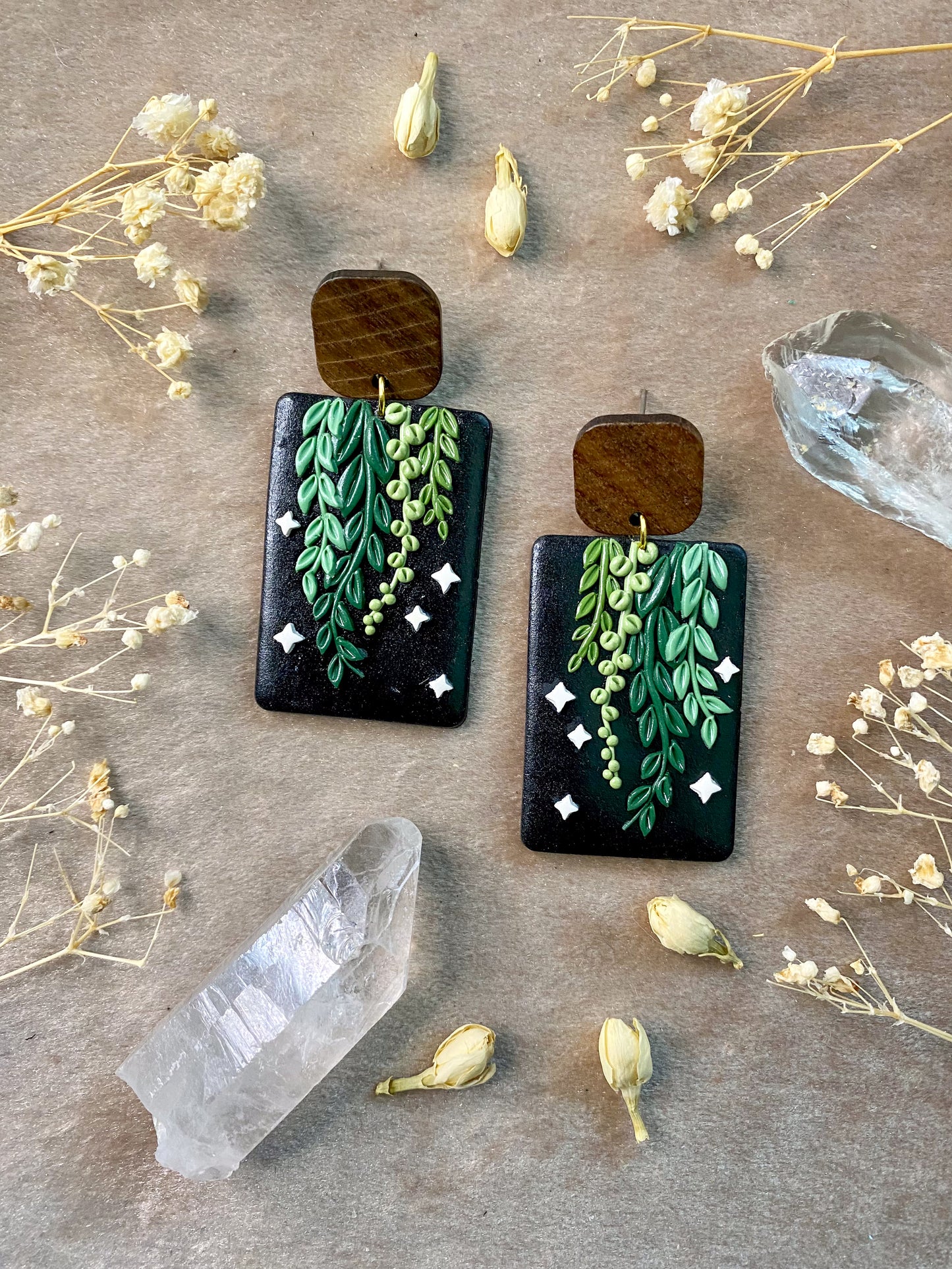 polymer clay leaves and stars dangle earrings