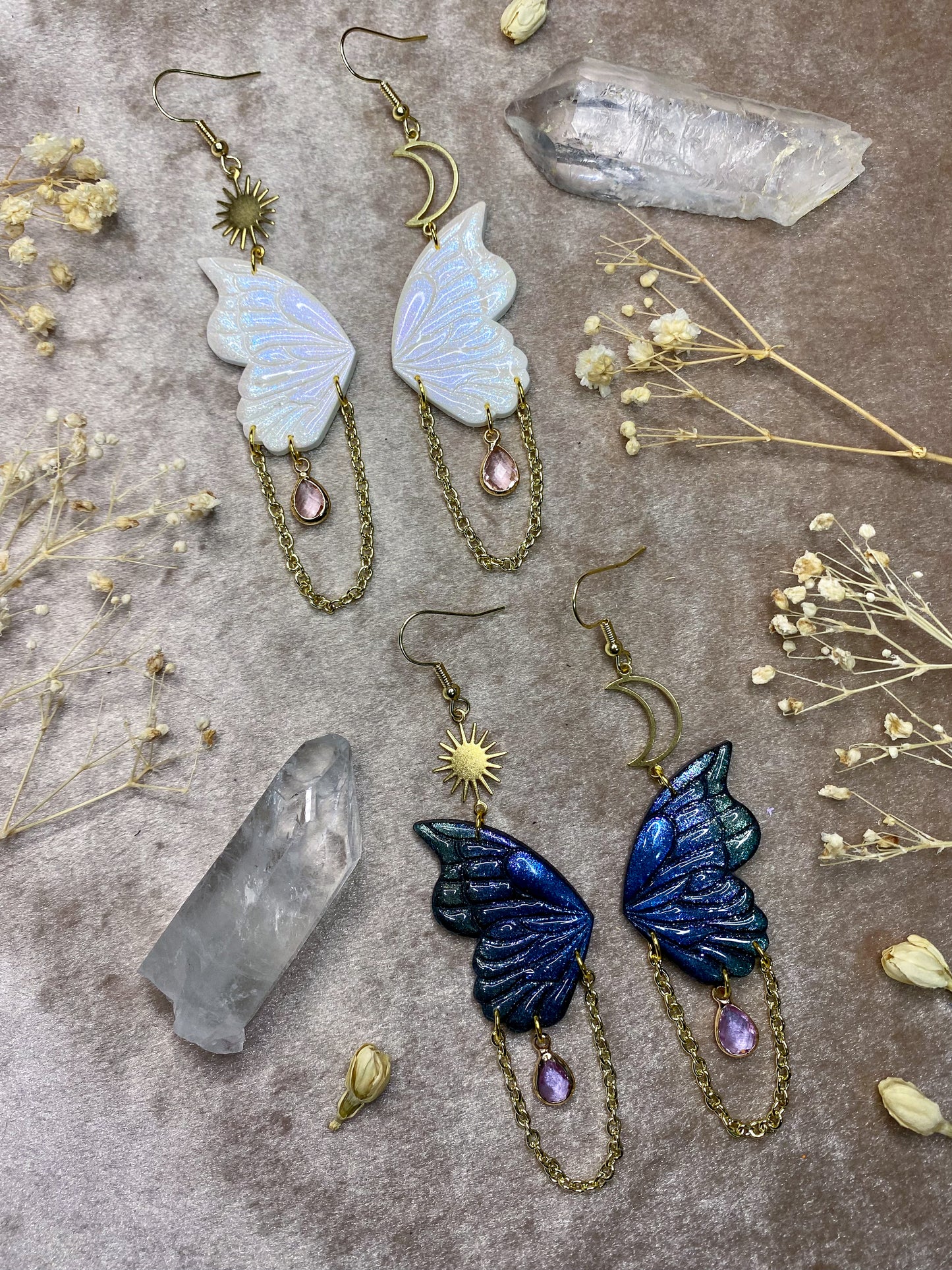 polymer clay and resin iridescent butterfly wing dangle earrings