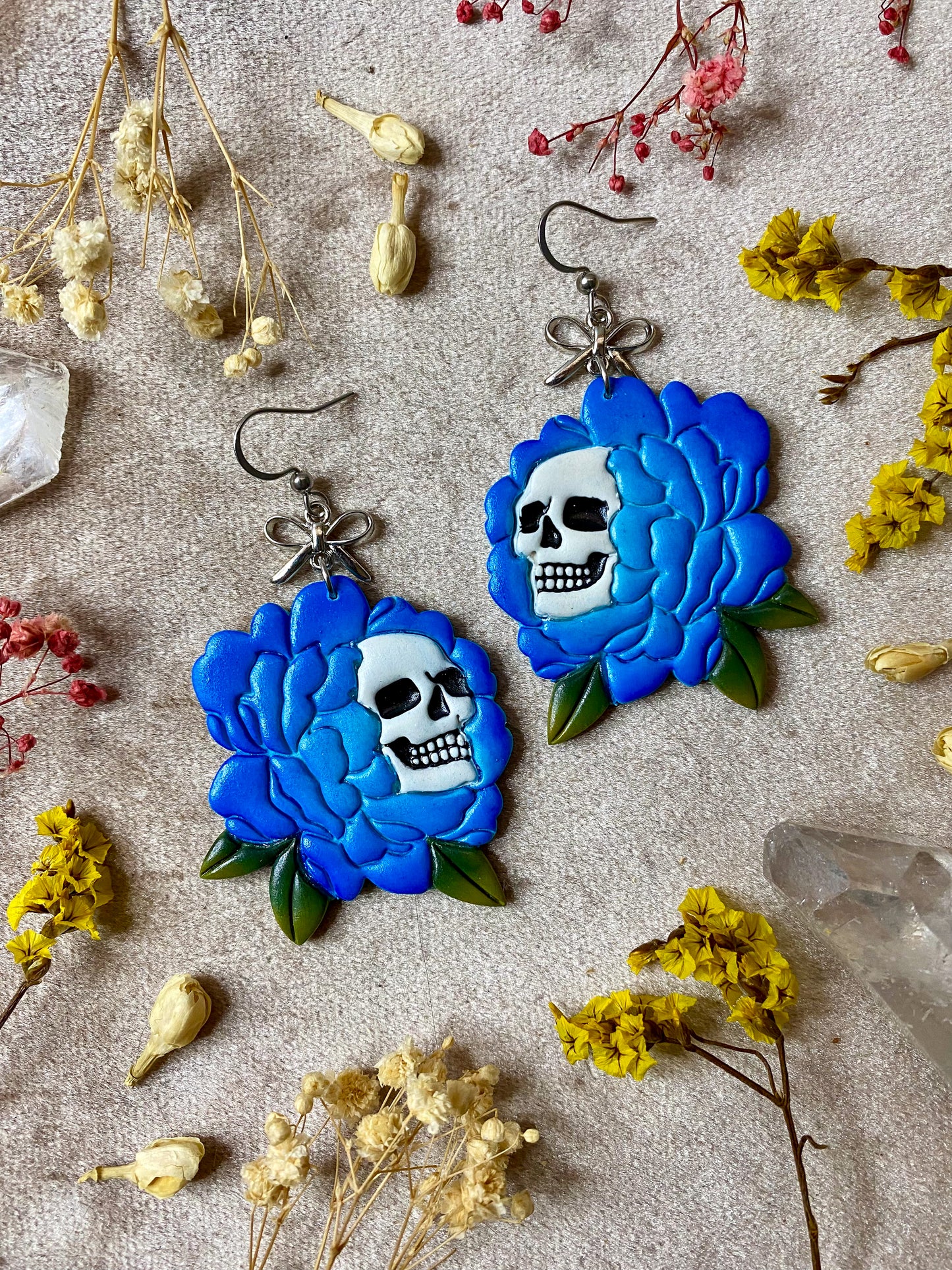 Blue Peony Skull Flower Earrings