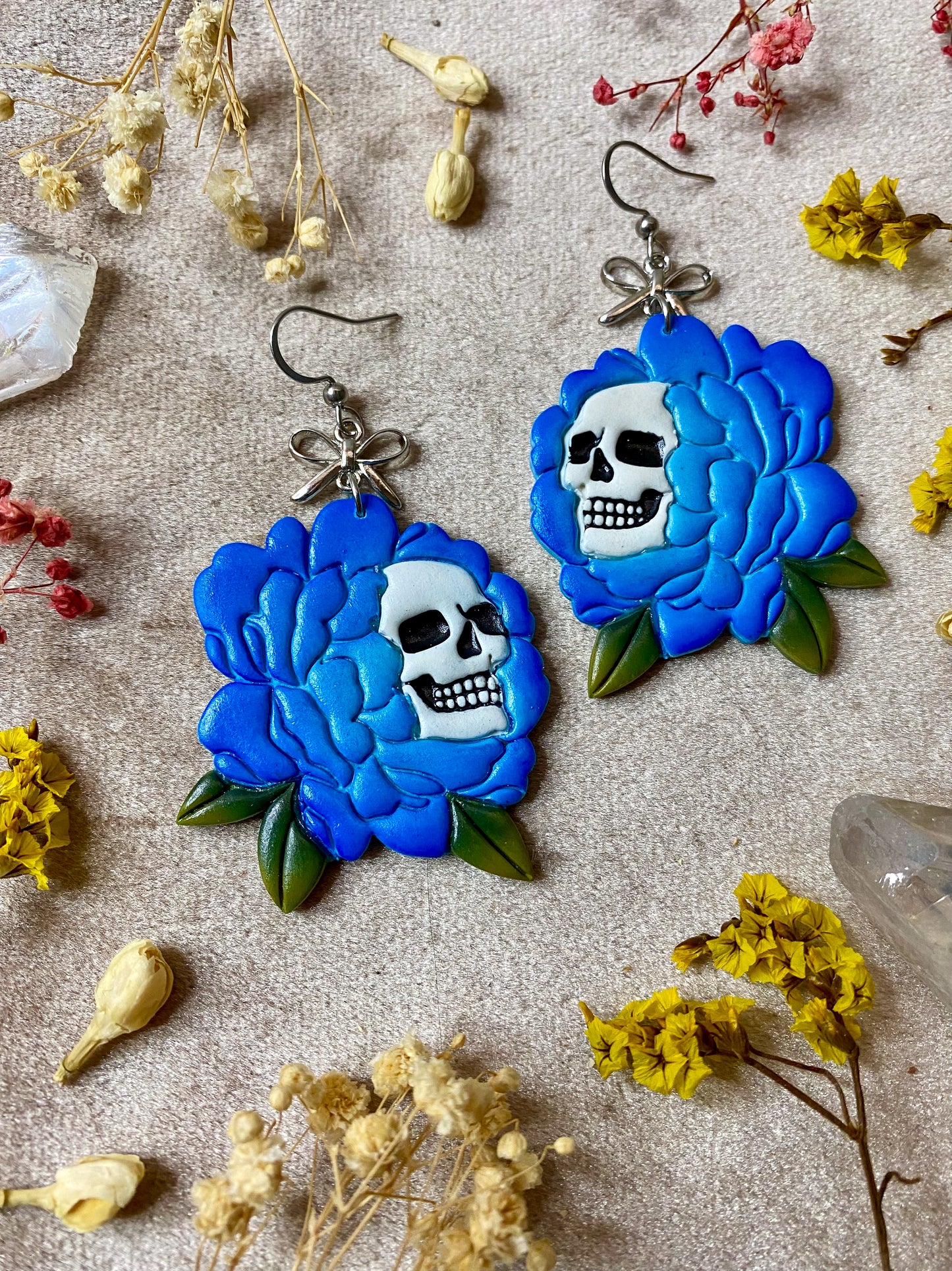 Blue Peony Skull Flower Earrings