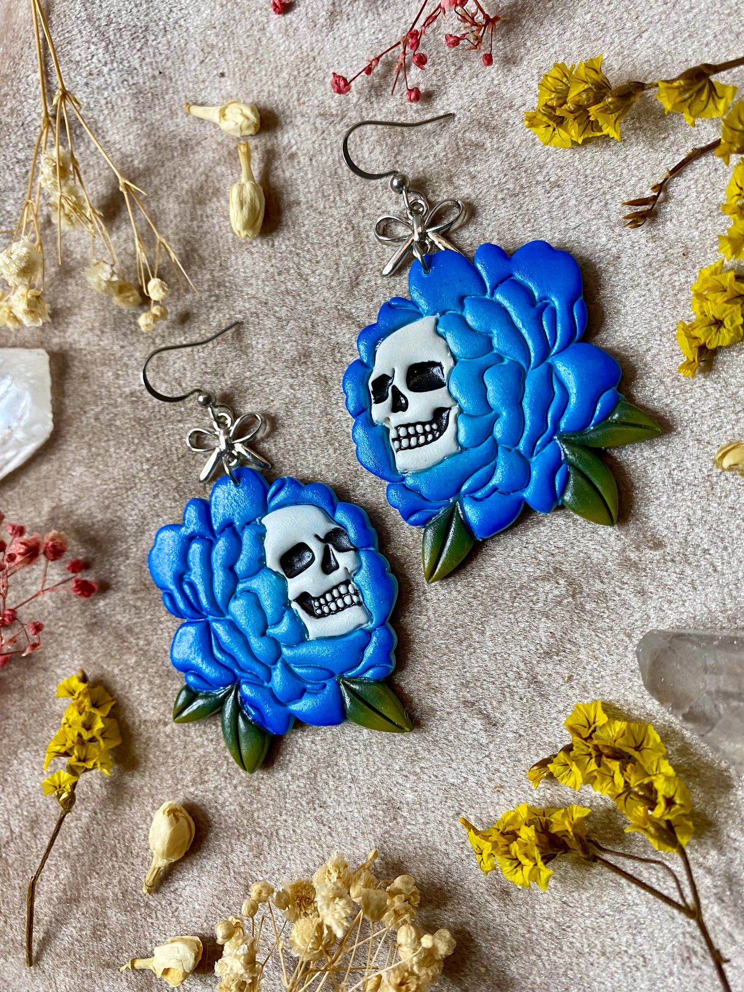 Blue Peony Skull Flower Earrings