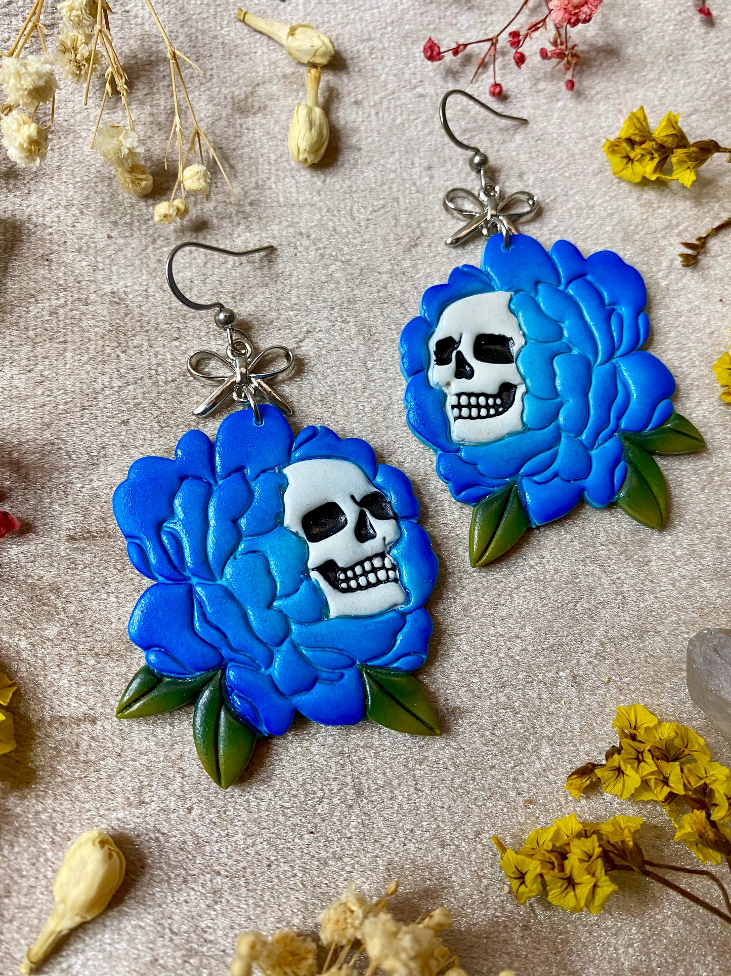 Blue Peony Skull Flower Earrings