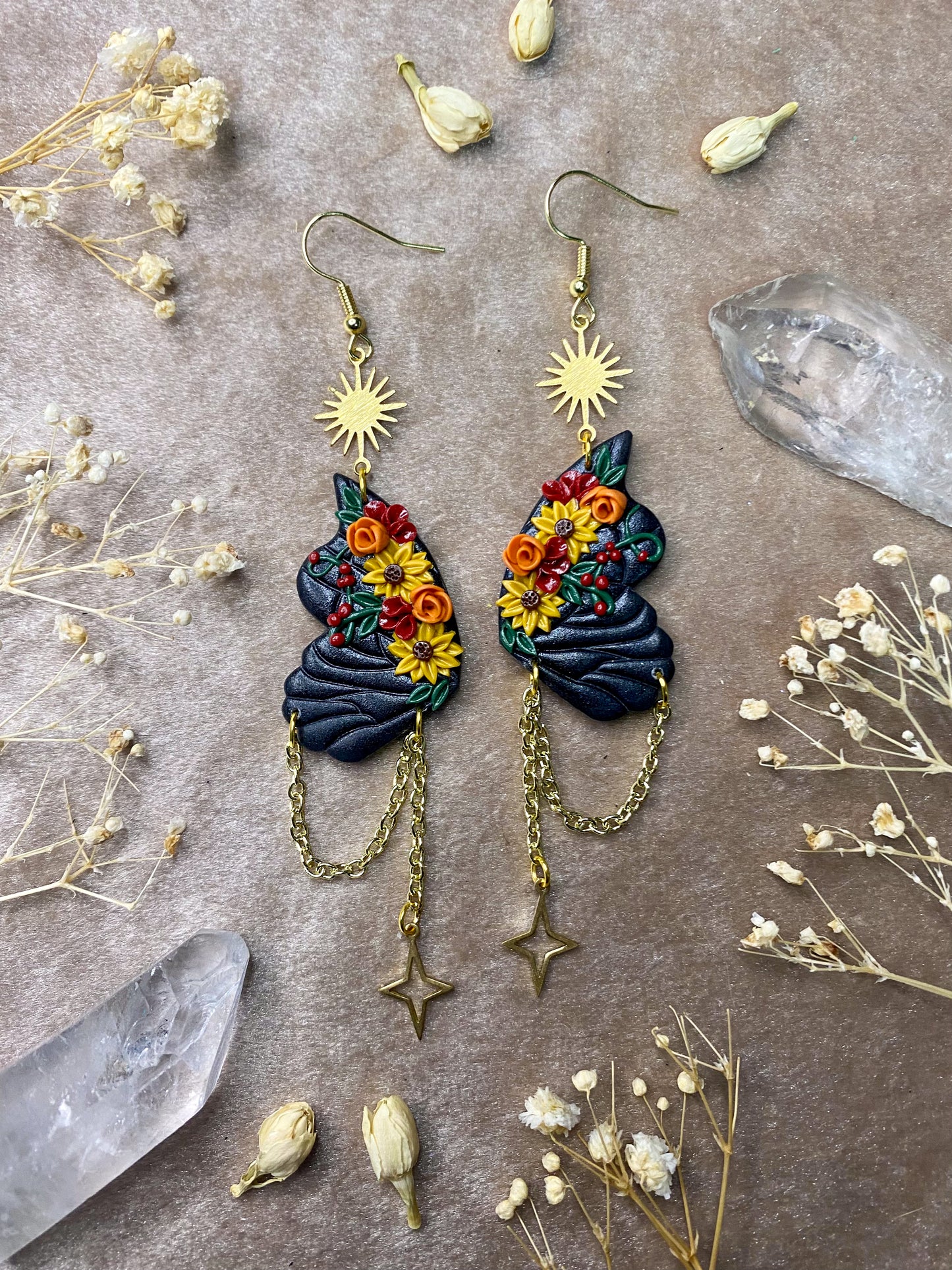 black polymer clay floral butterfly wing dangle earrings