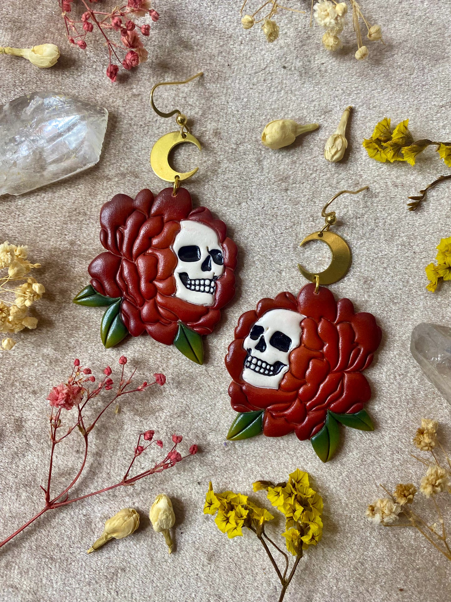 Orange Peony Skull Flower Earrings
