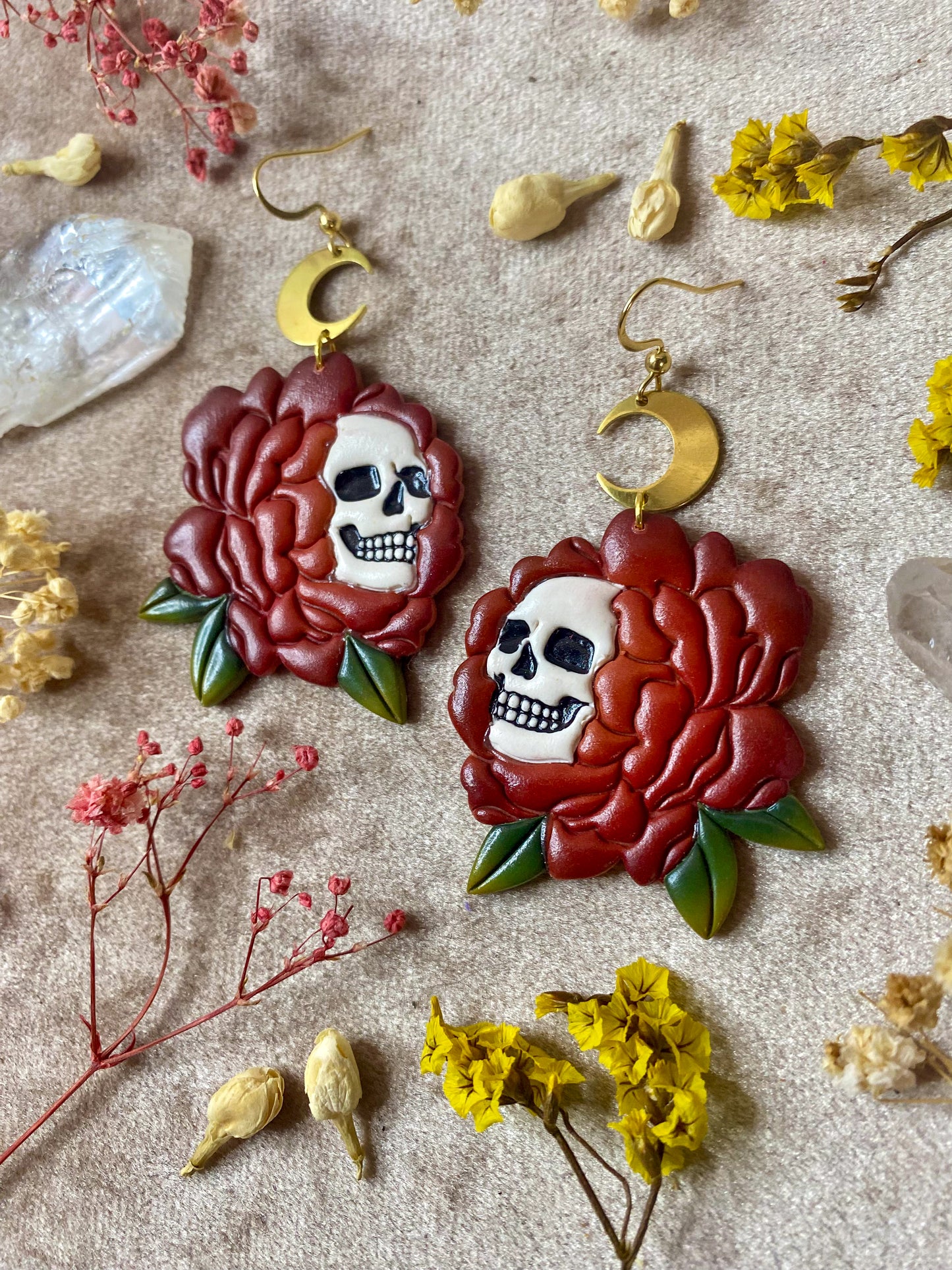 Orange Peony Skull Flower Earrings