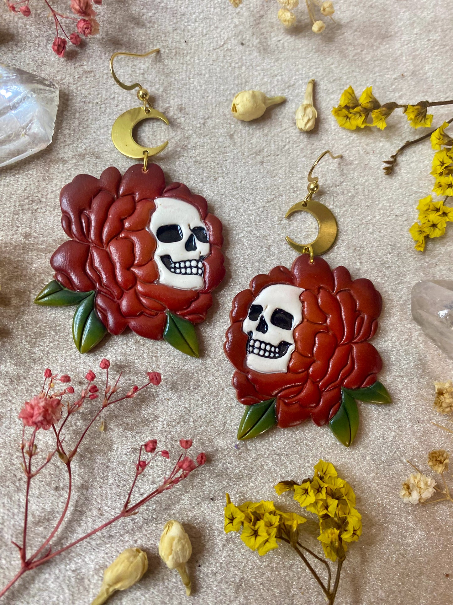 Orange Peony Skull Flower Earrings