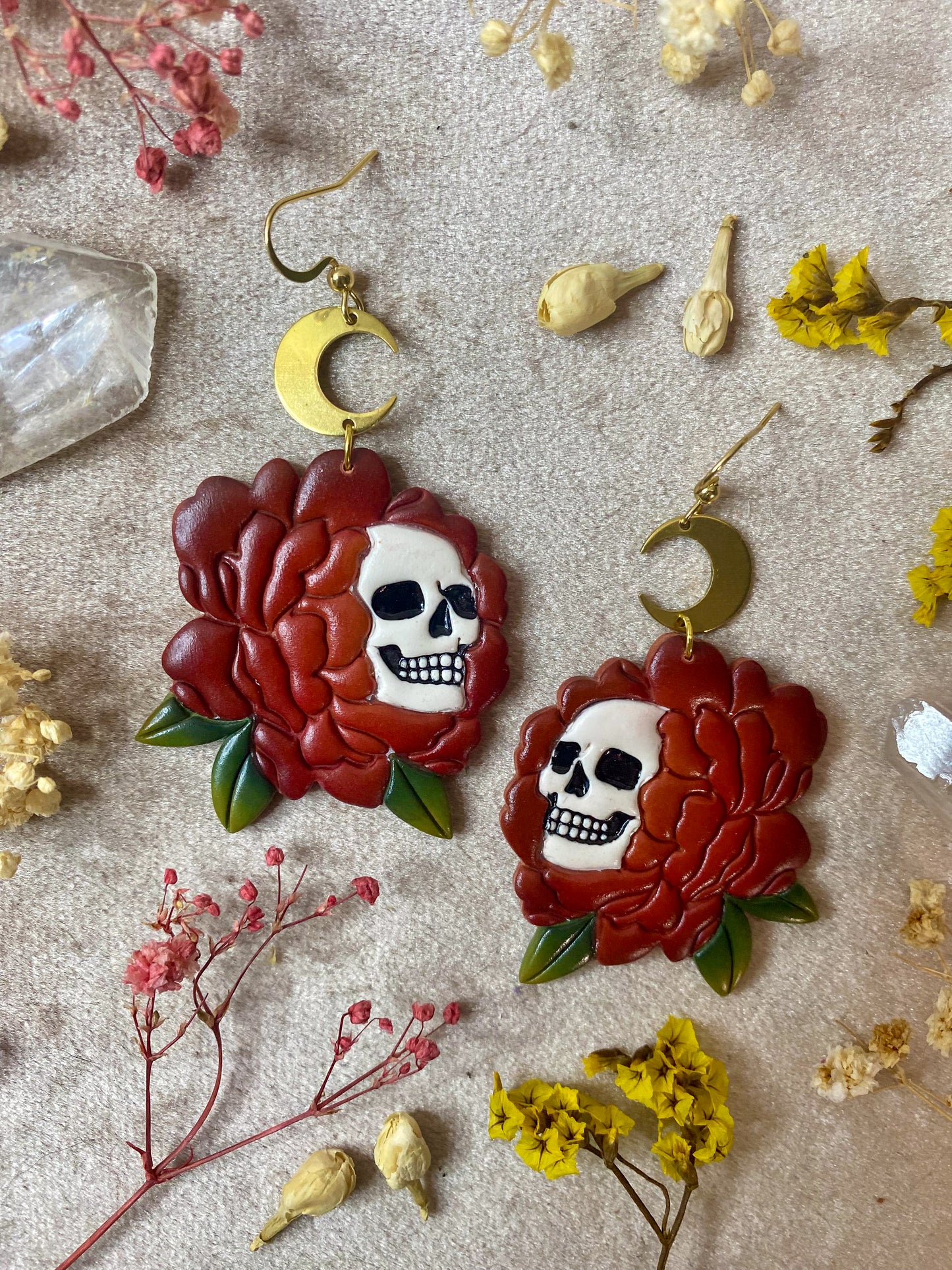 Orange Peony Skull Flower Earrings