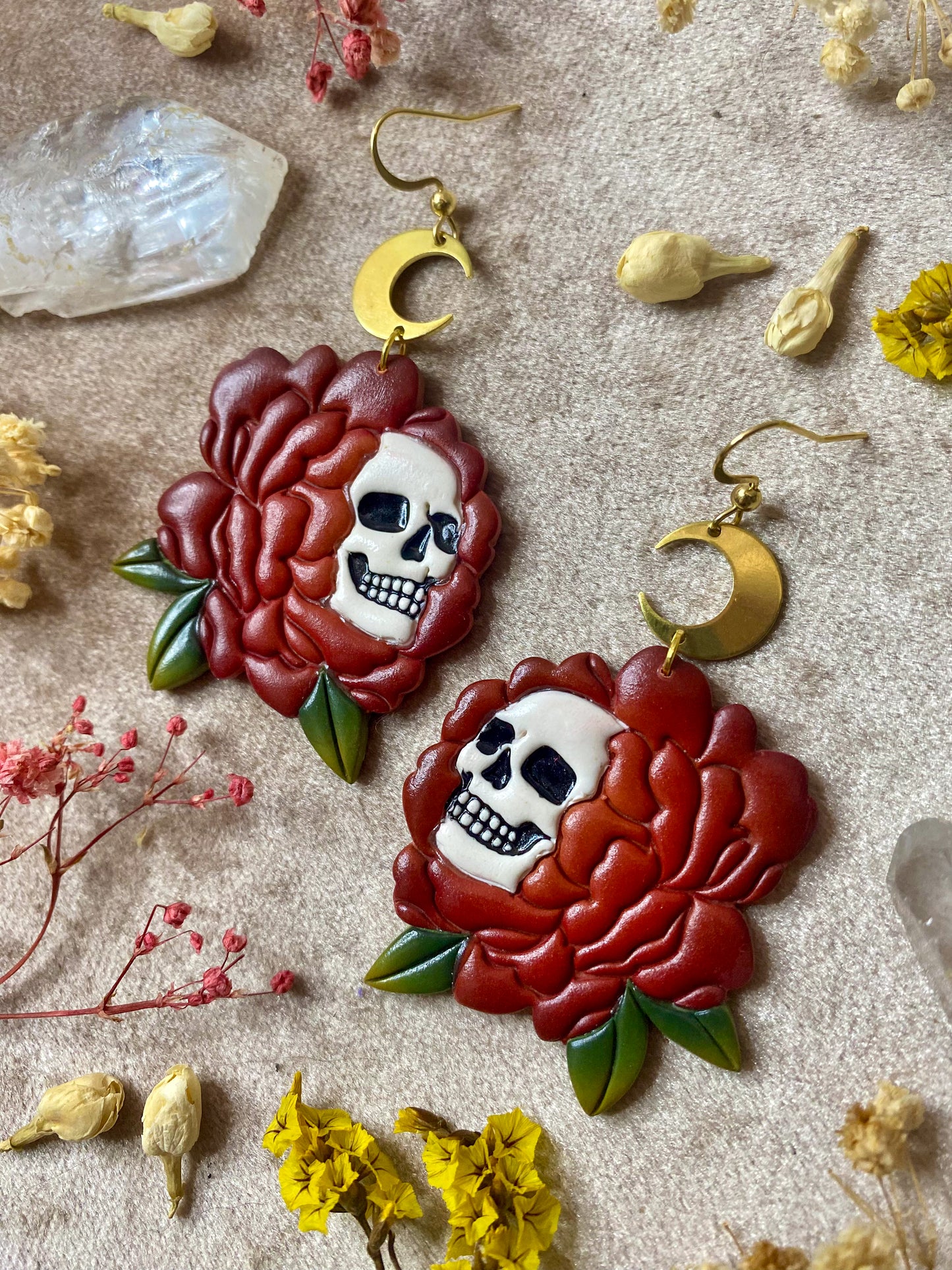 Orange Peony Skull Flower Earrings