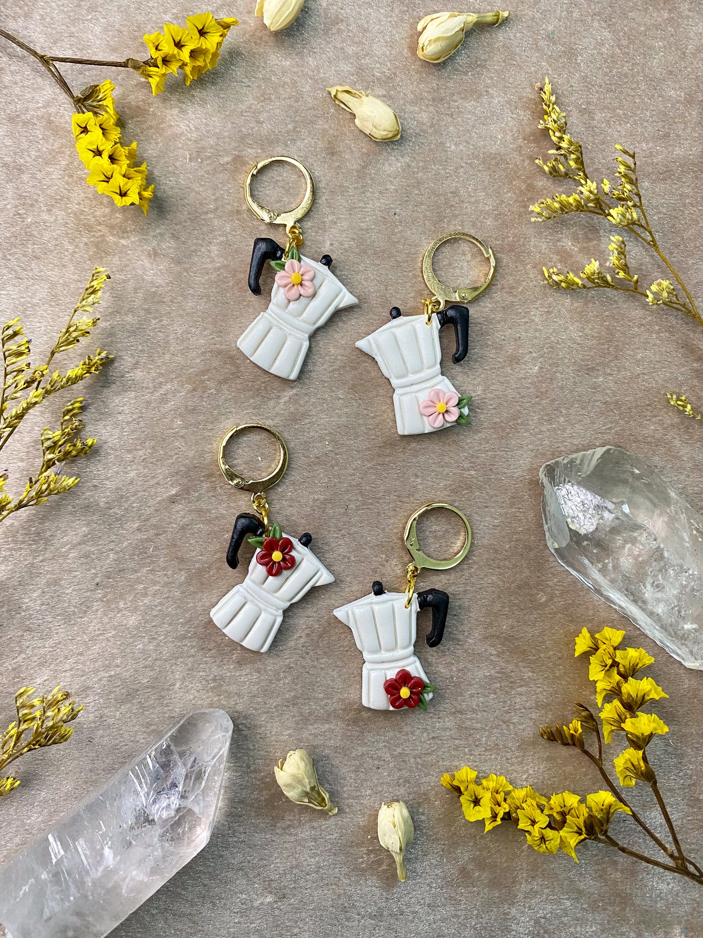 polymer clay white cafetera and floral dangle earrings
