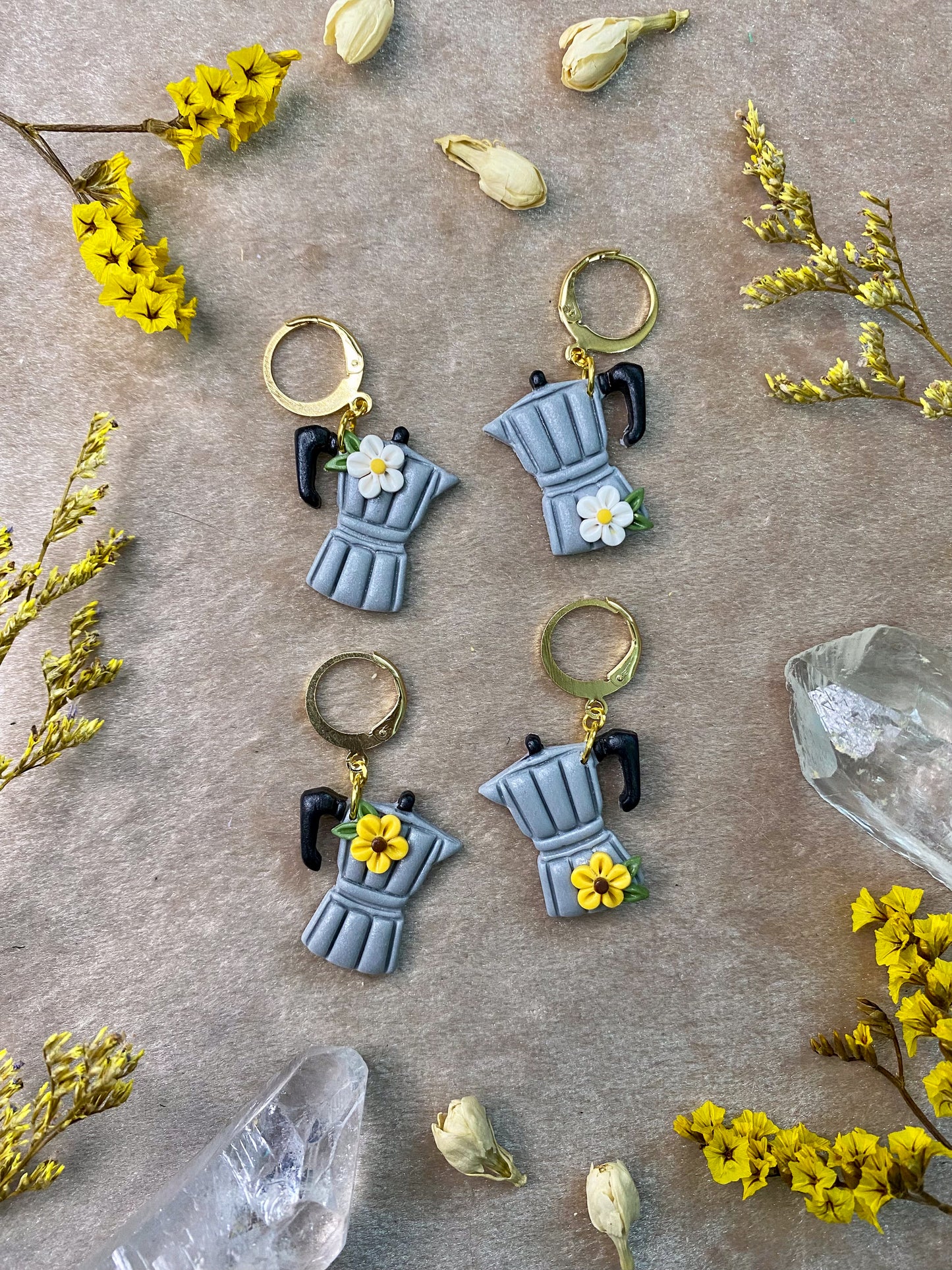gray cafetera polymer clay floral dangle earrings