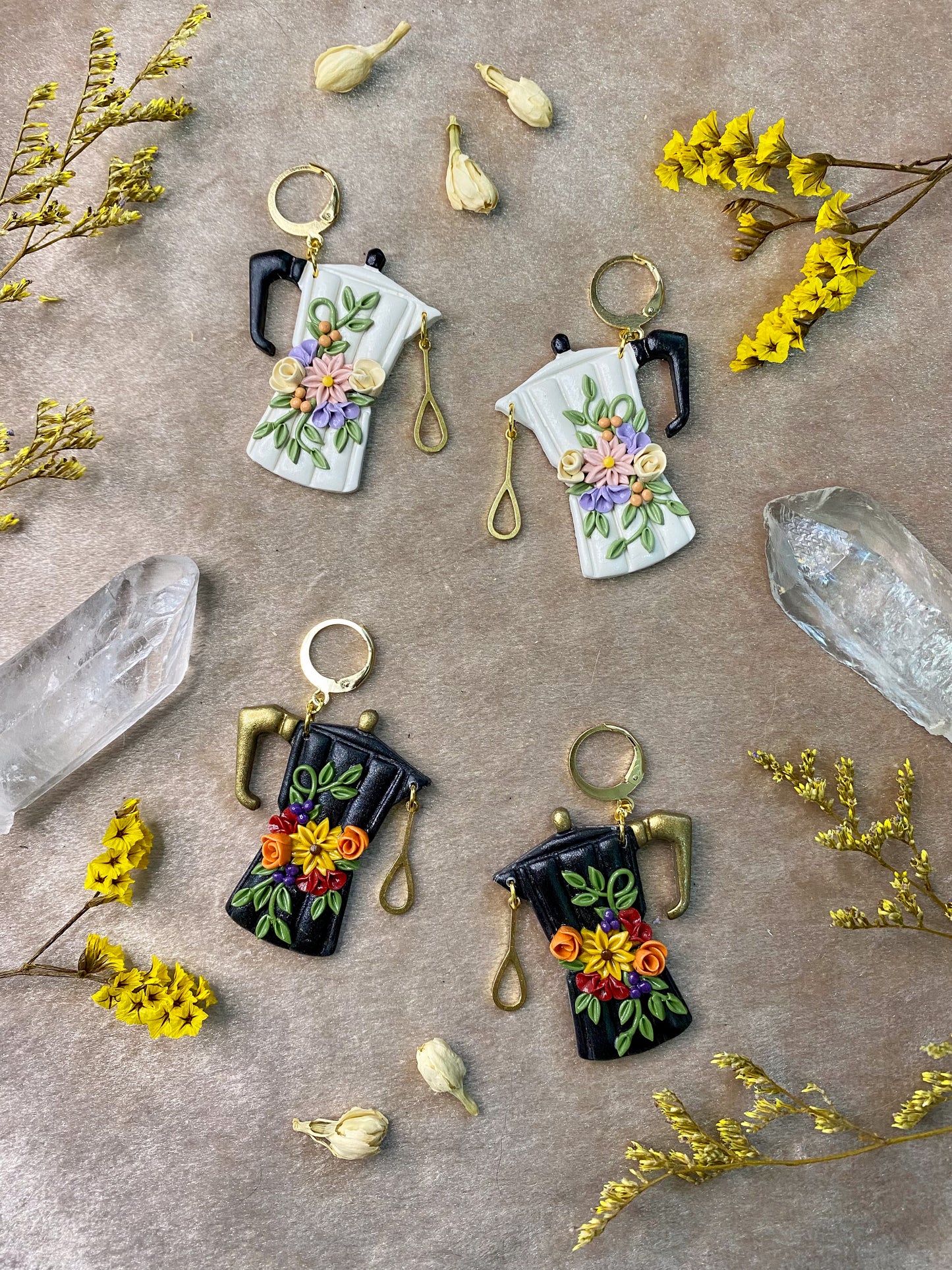 large floral cafetera polymer clay earrings