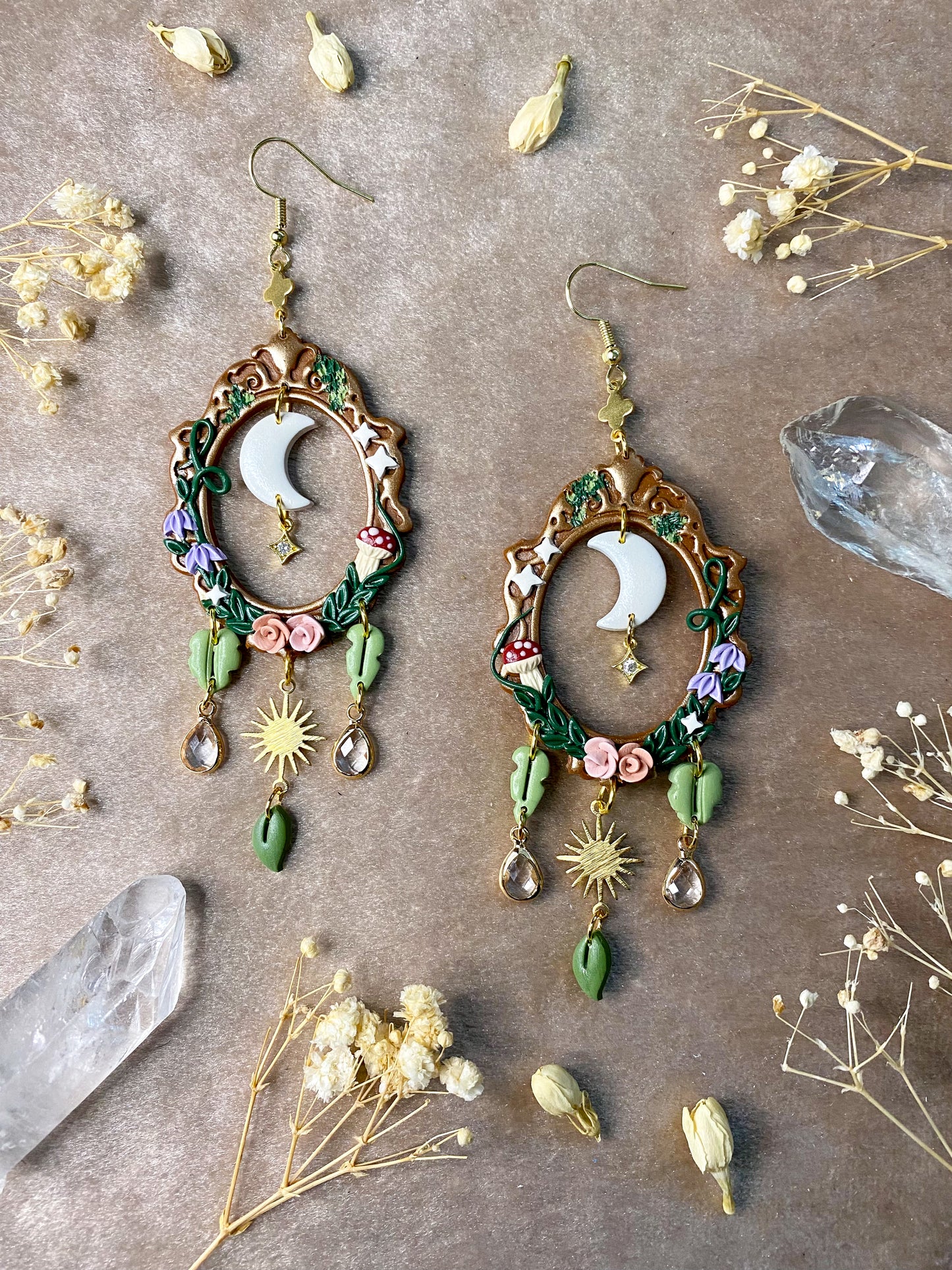 polymer clay moon fantasy vintage frame dangle earrings
