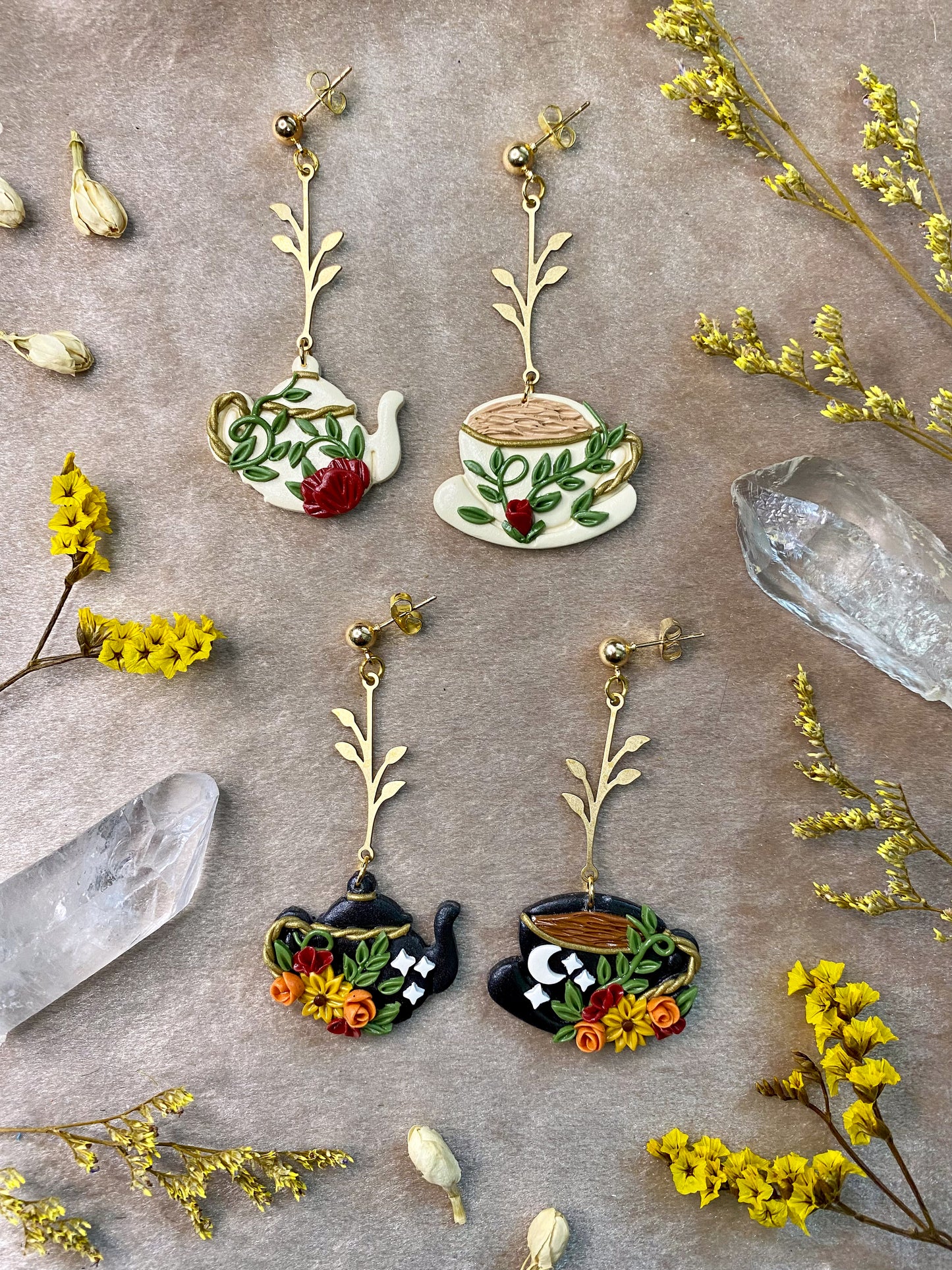 polymer clay floral tea pot and cup dangle earrings