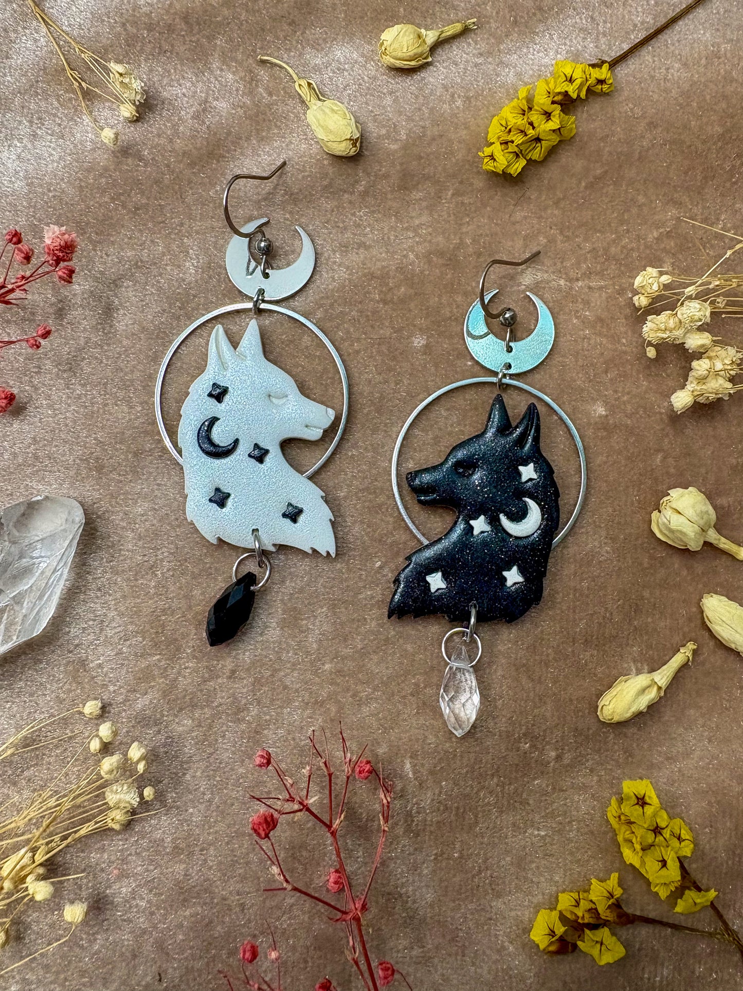 Black and White Wolf Earrings