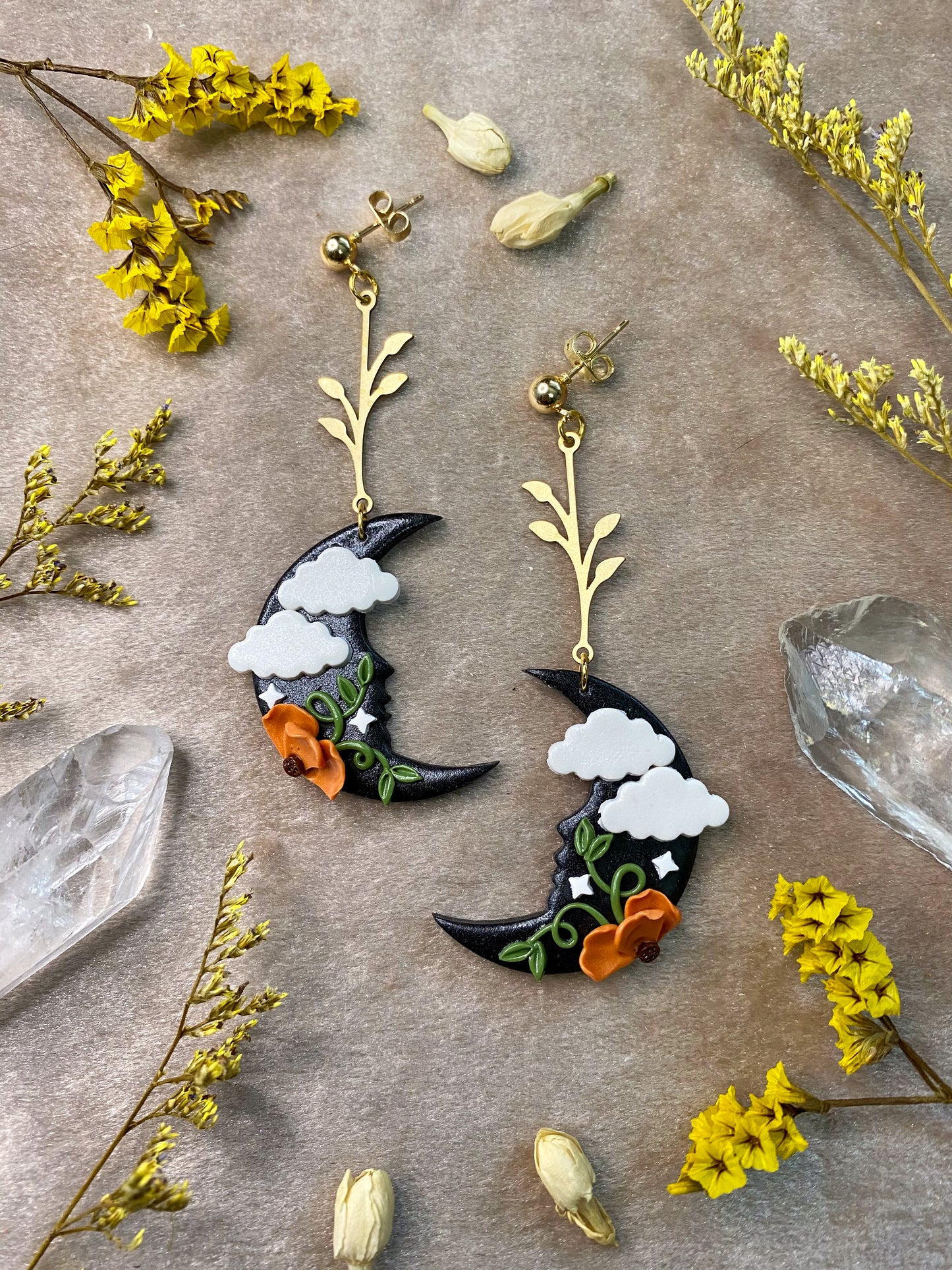 polymer clay poppy moon dangle earrings