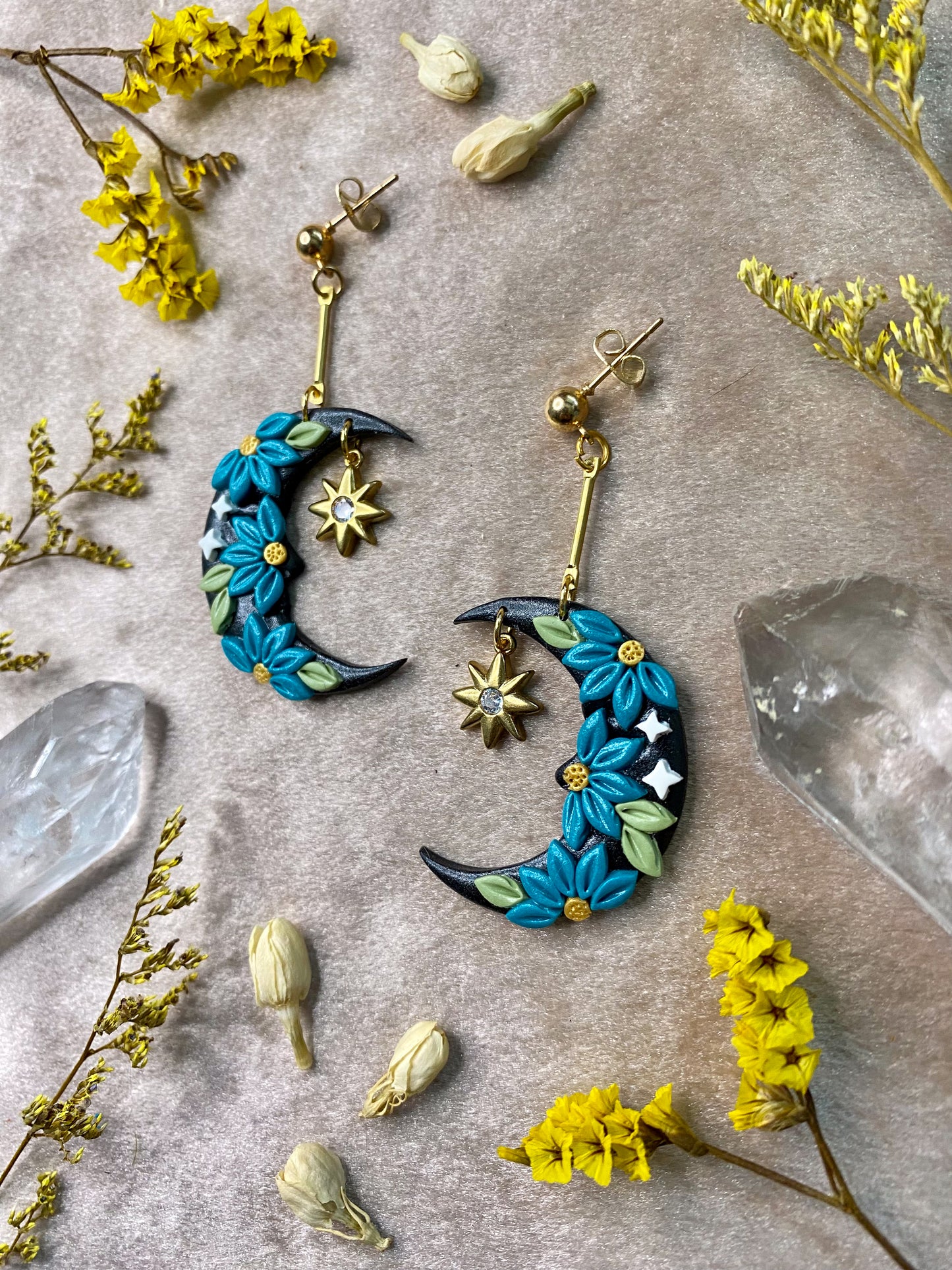 Teal Floral Moon Earrings