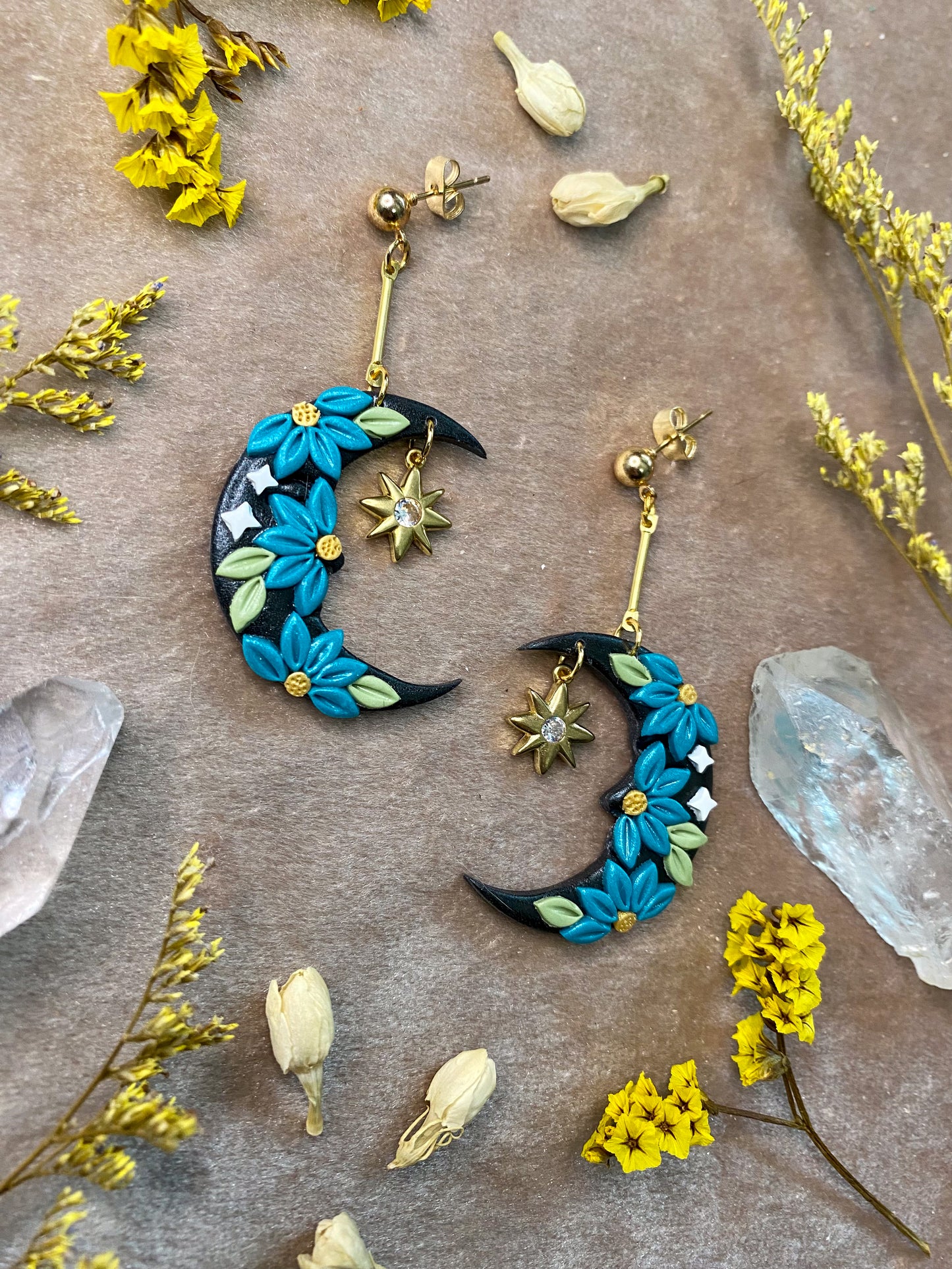 Teal Floral Moon Earrings