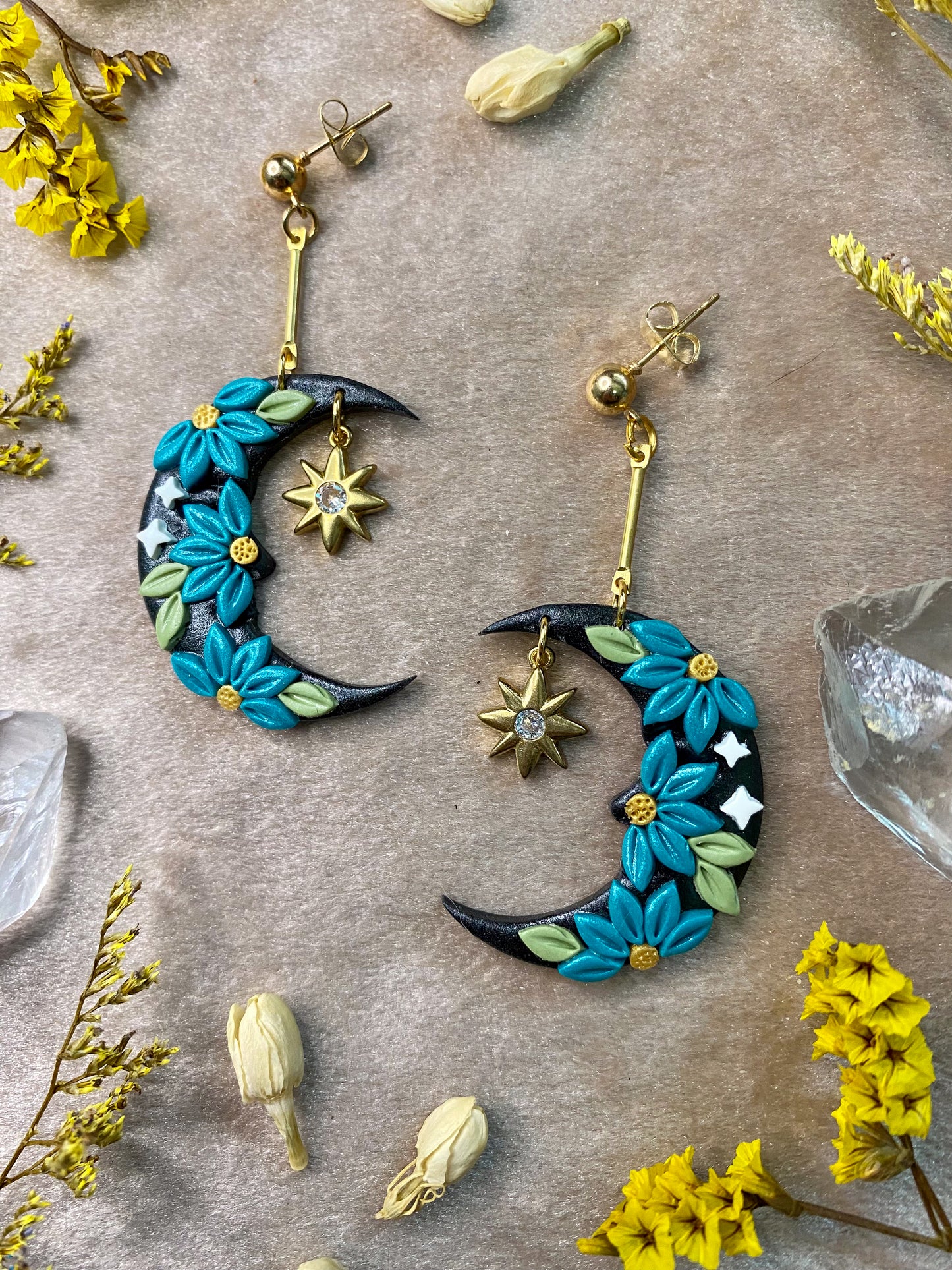 Teal Floral Moon Earrings