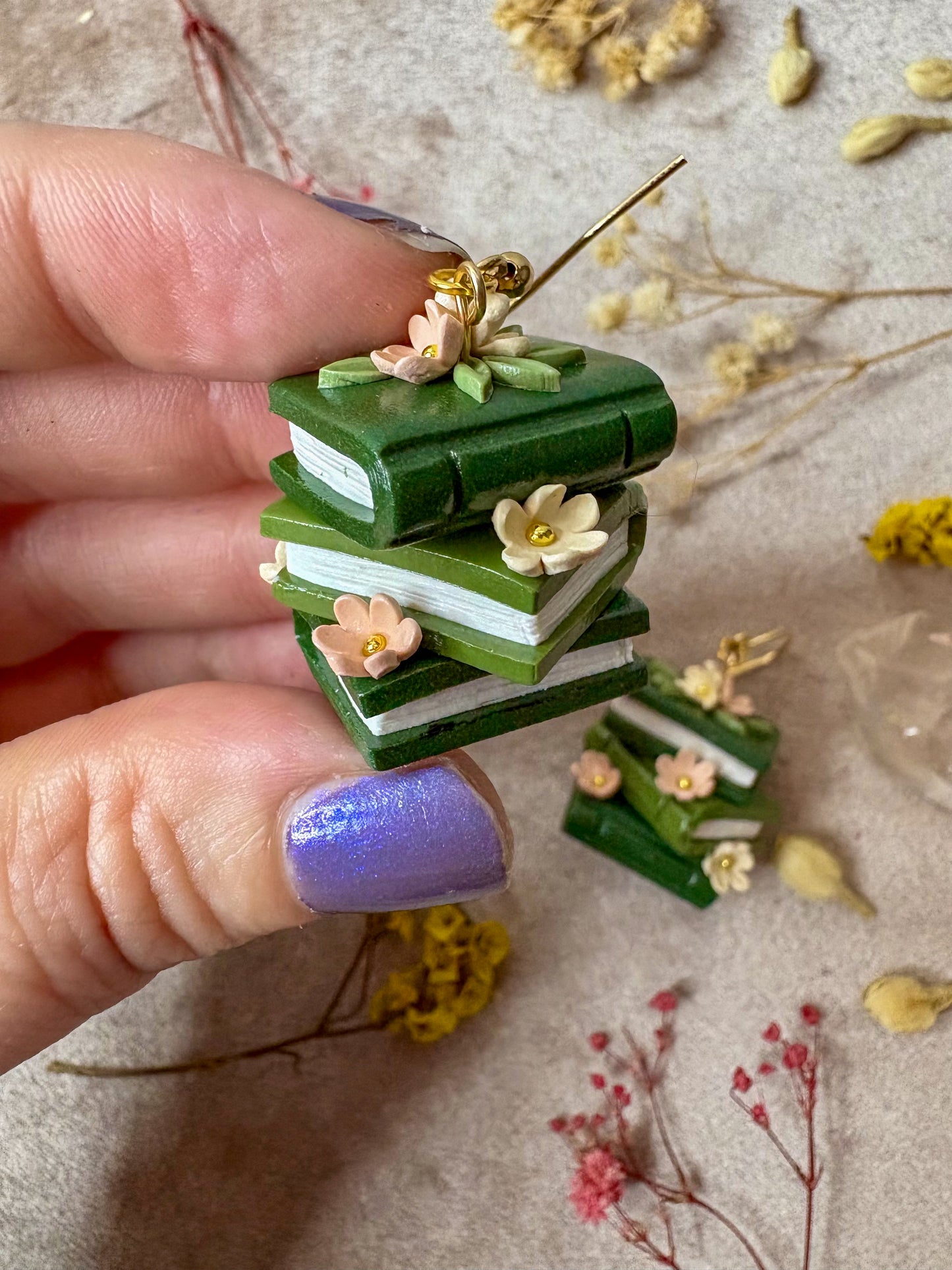 Floral Book Stack Earrings (Green)