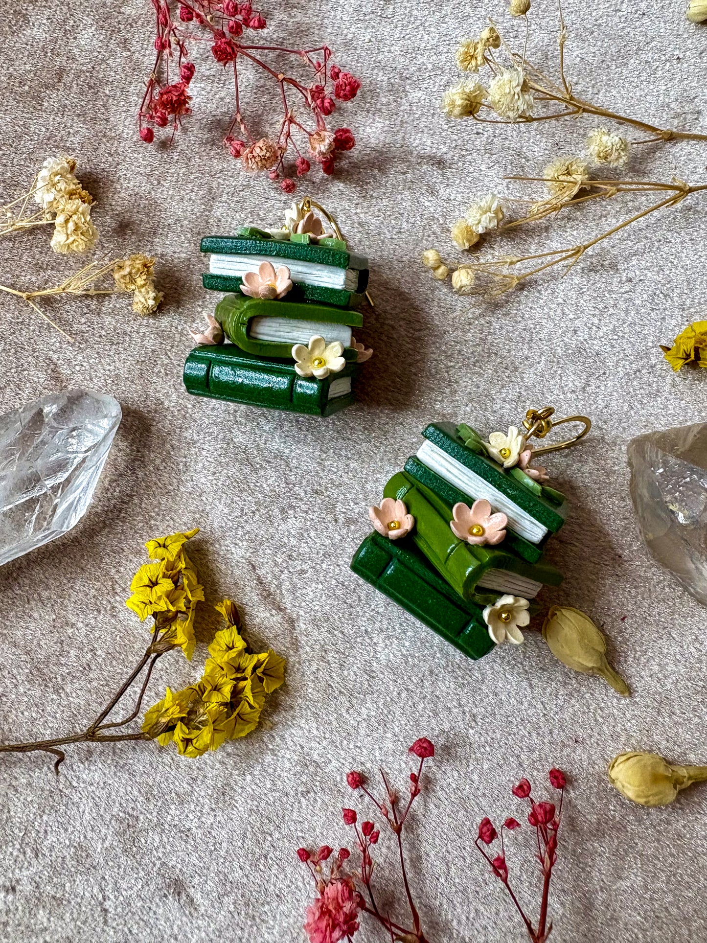 Floral Book Stack Earrings (Green)