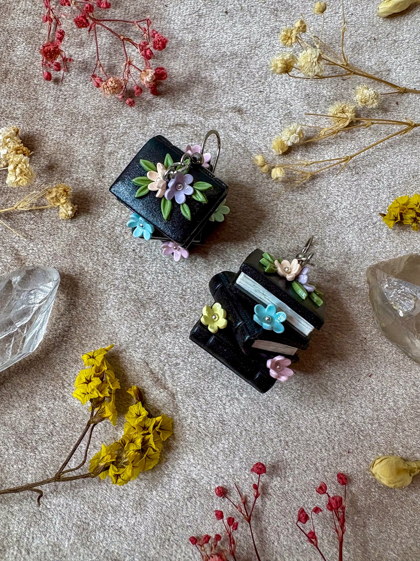 Silver Floral Book Stack Earrings (Black with Pastel Rainbow)