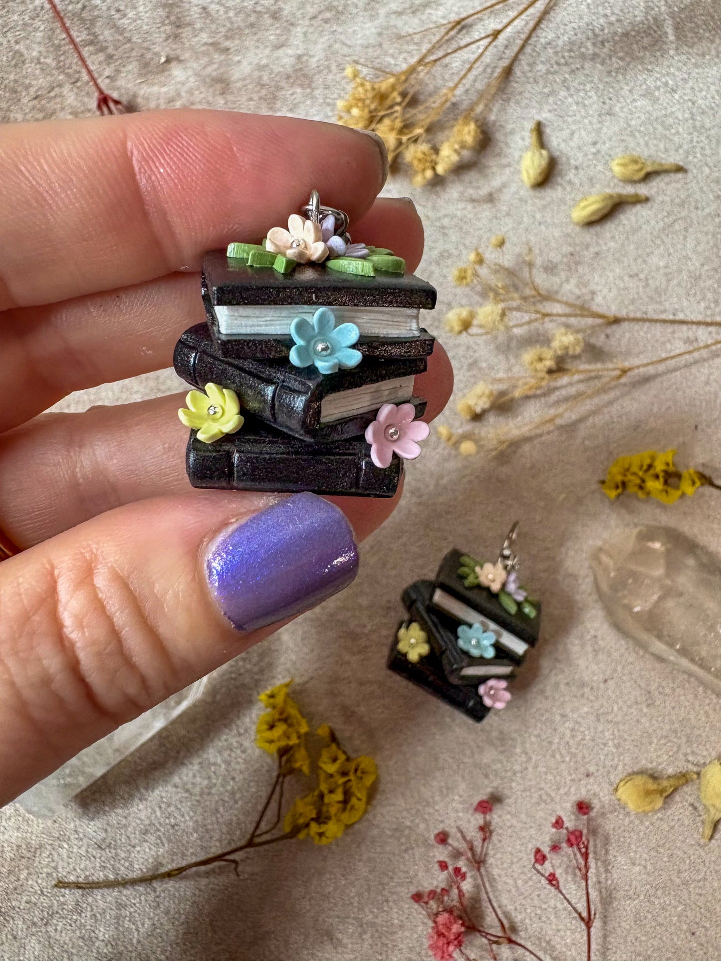 Silver Floral Book Stack Earrings (Black with Pastel Rainbow)