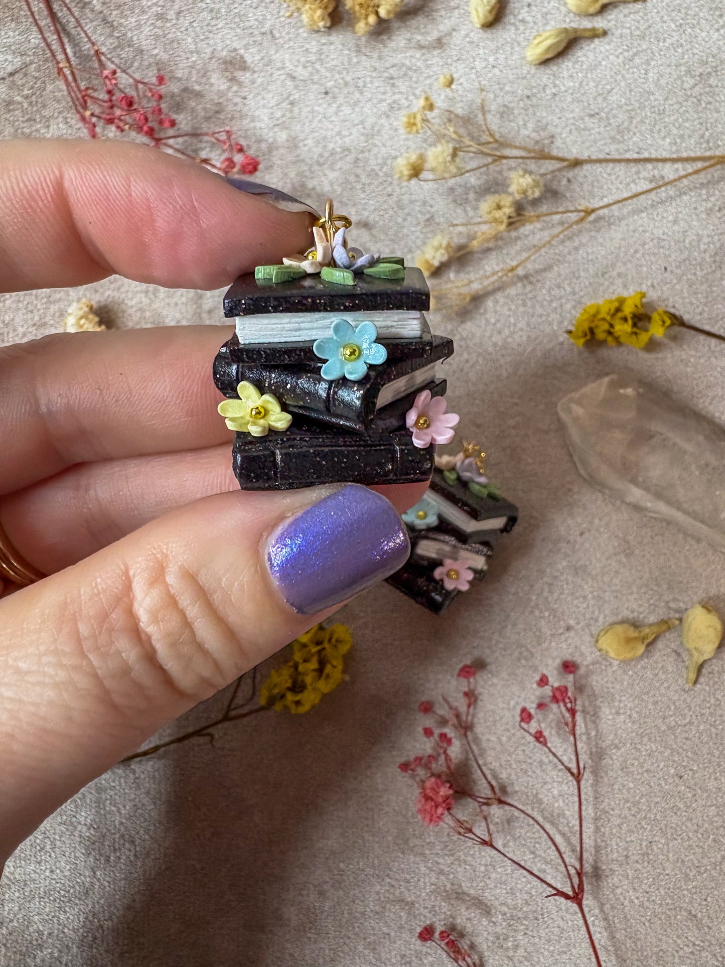 Gold Floral Book Stack Earrings (Black with Pastel Rainbow)