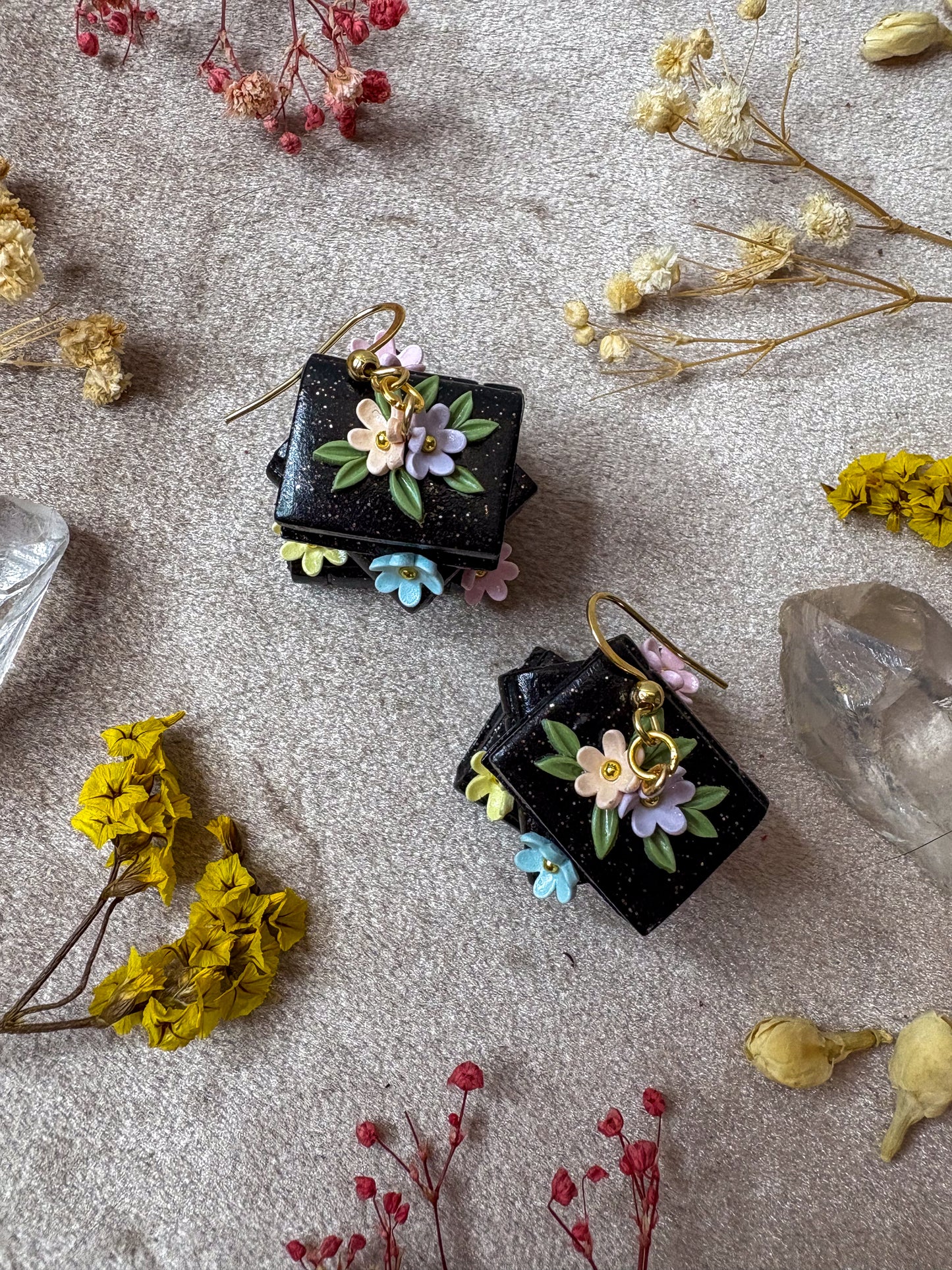 Gold Floral Book Stack Earrings (Black with Pastel Rainbow)