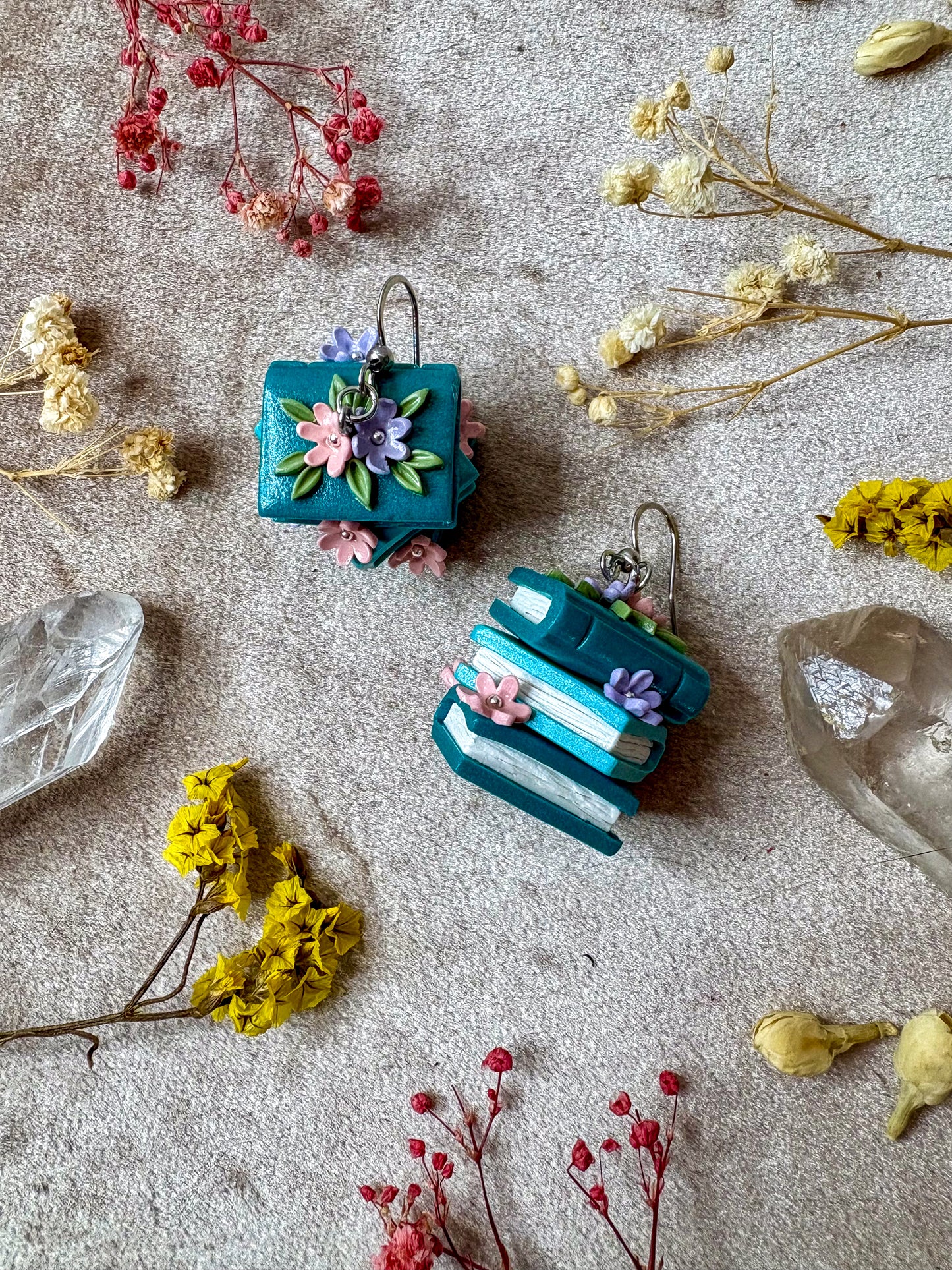 Floral Book Stack Earrings (Teal)