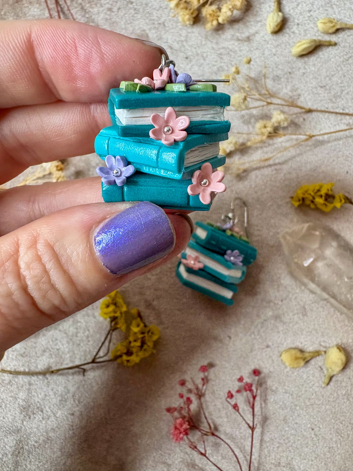 Floral Book Stack Earrings (Teal)