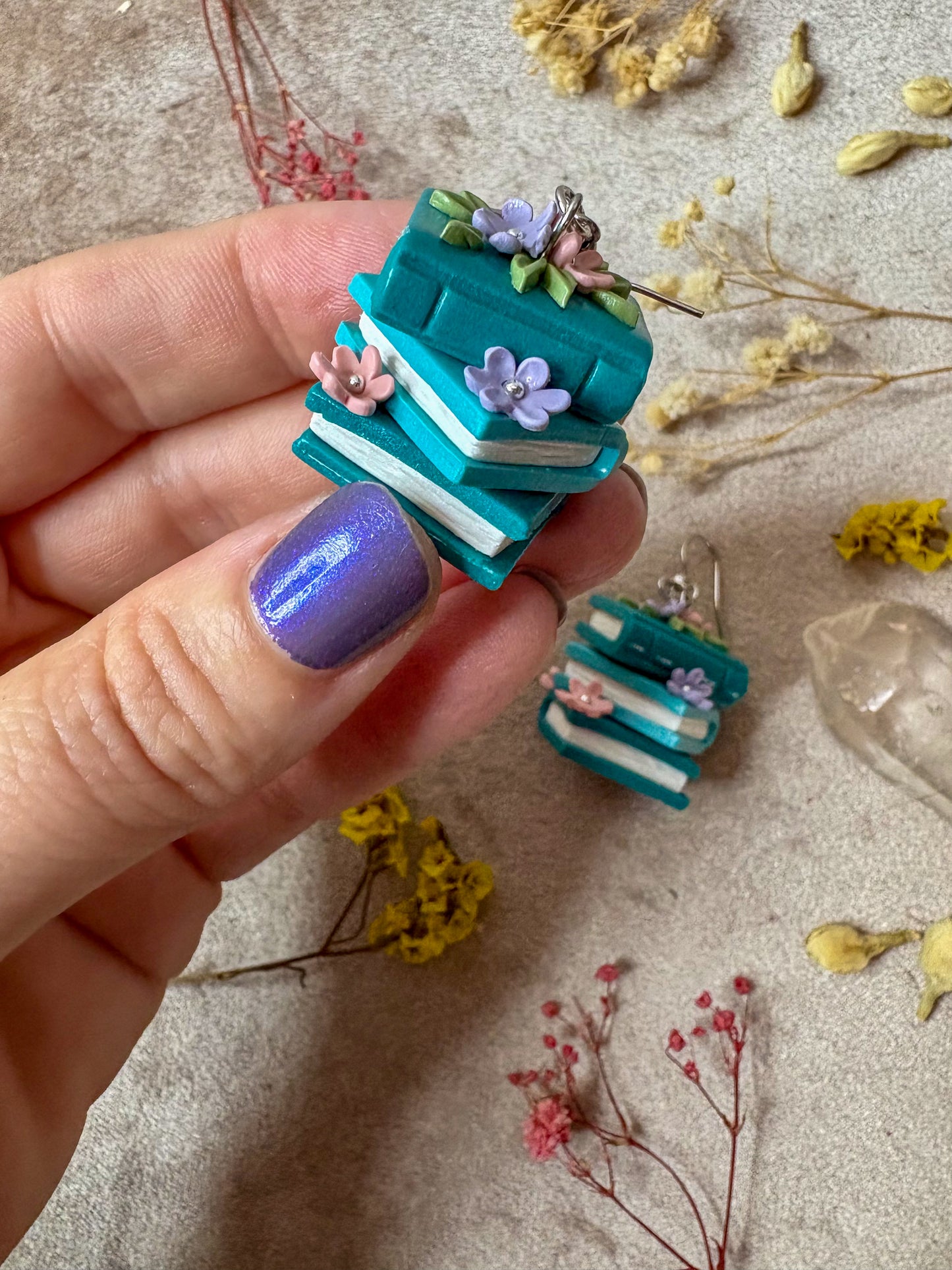 Floral Book Stack Earrings (Teal)