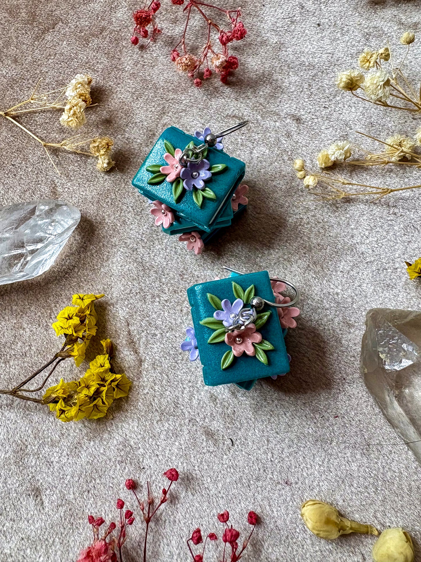 Floral Book Stack Earrings (Teal)