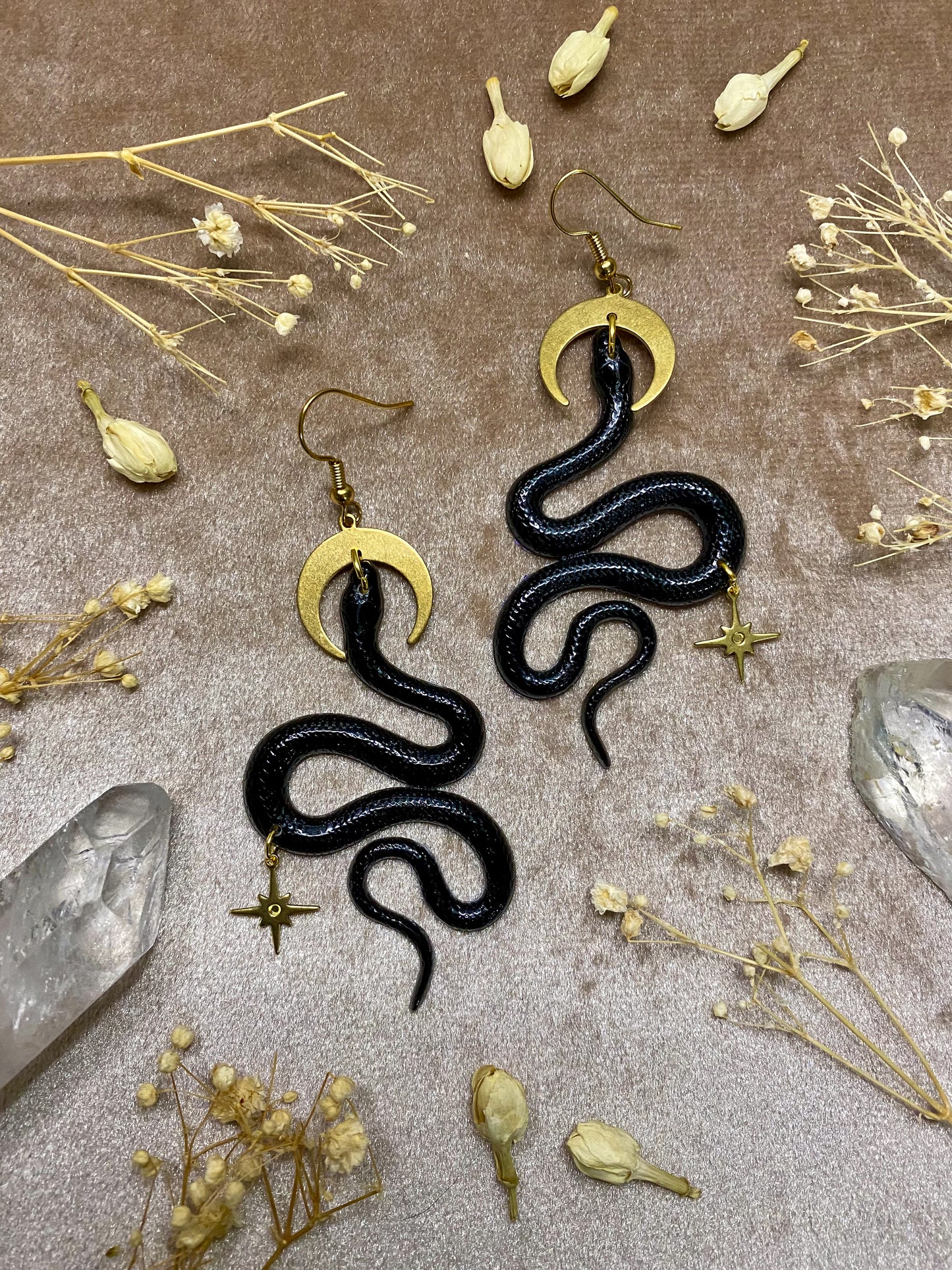 black resin snake dangle earrings
