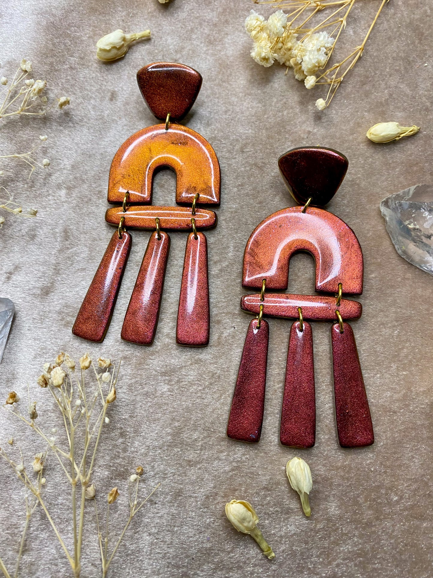 polymer clay and resin color shift dangle earrings