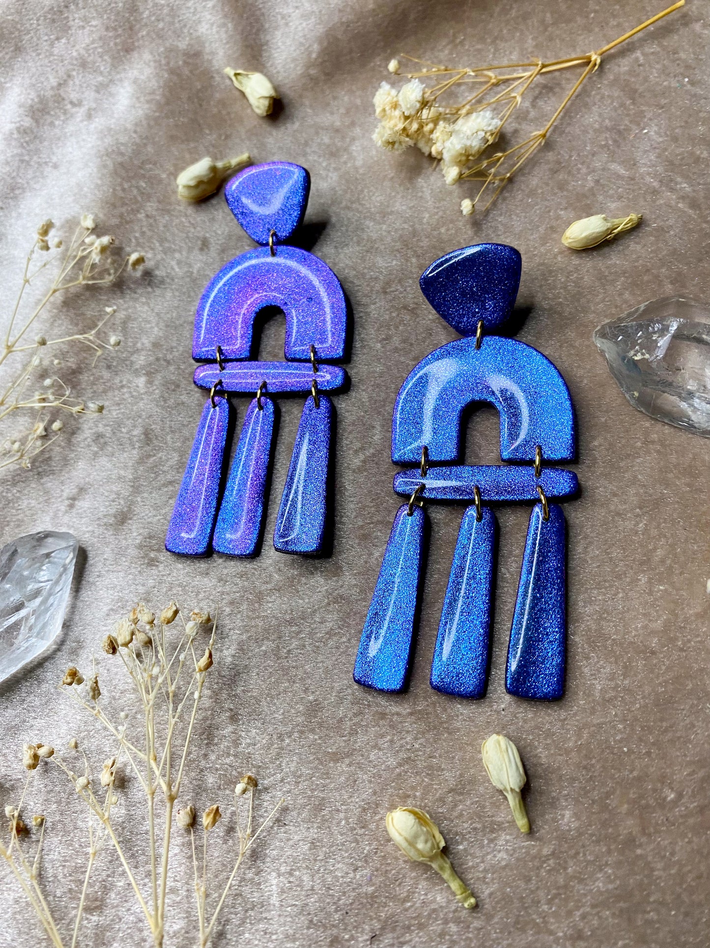 polymer clay and resin color shift dangle earrings