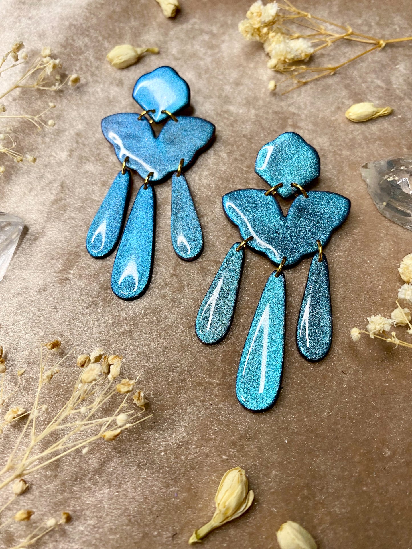 polymer clay and resin color shift dangle earrings