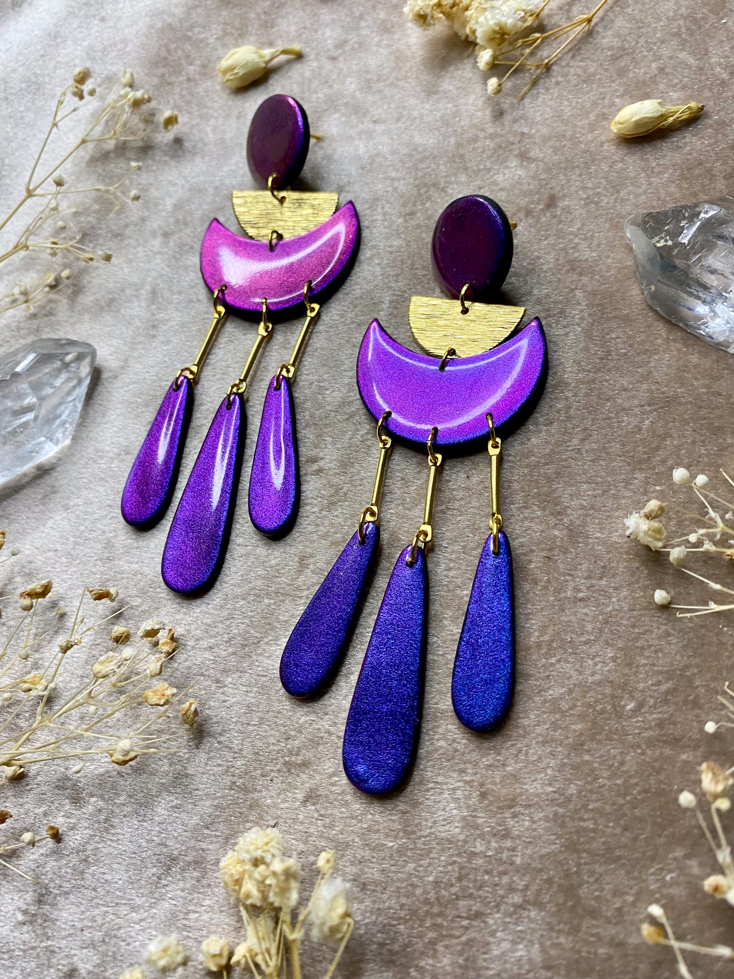 polymer clay and resin color shift dangle earrings