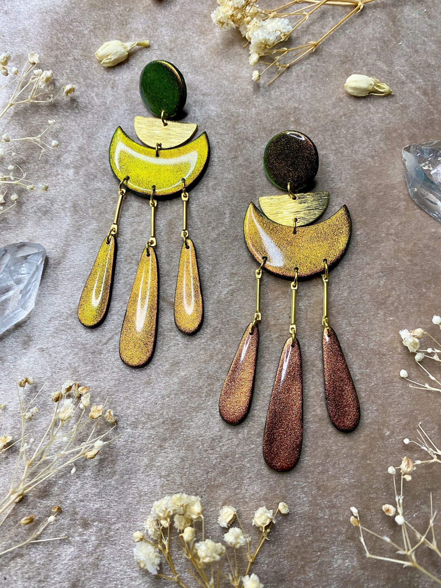 Moon Drop Color Shift (Bronze/Green) Earrings