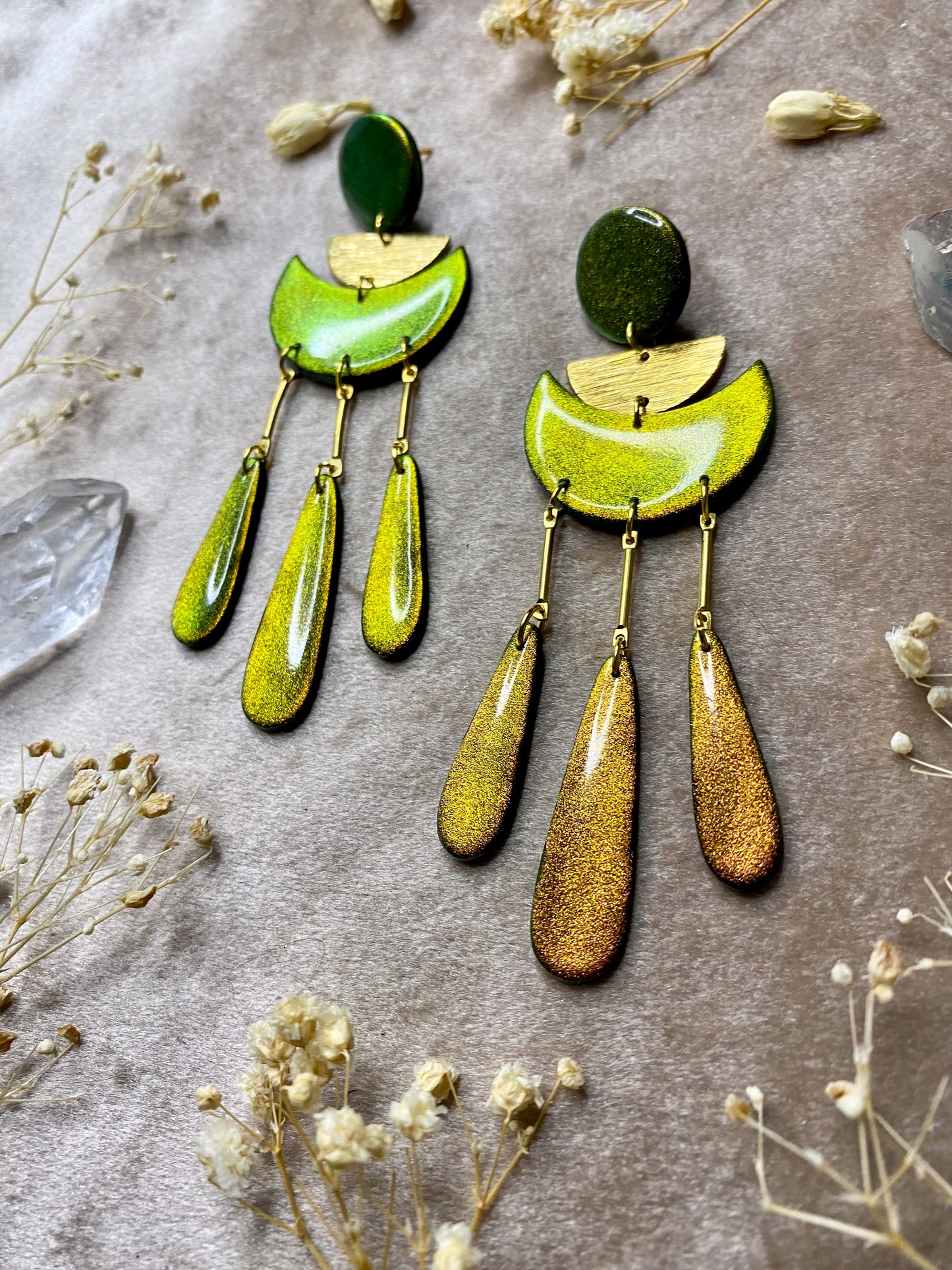 polymer clay and resin color shift dangle earrings