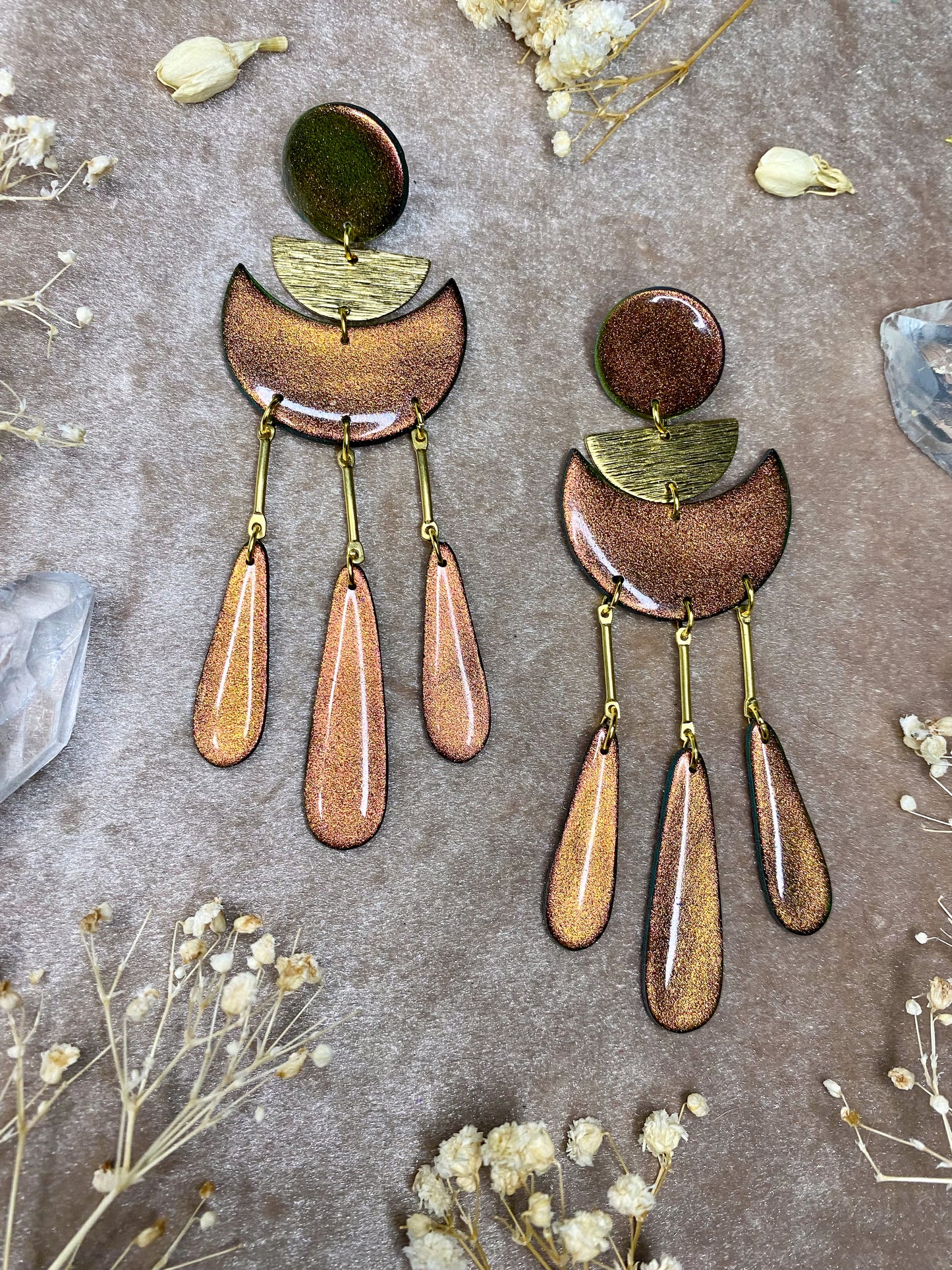 Moon Drop Color Shift (Bronze/Green) Earrings